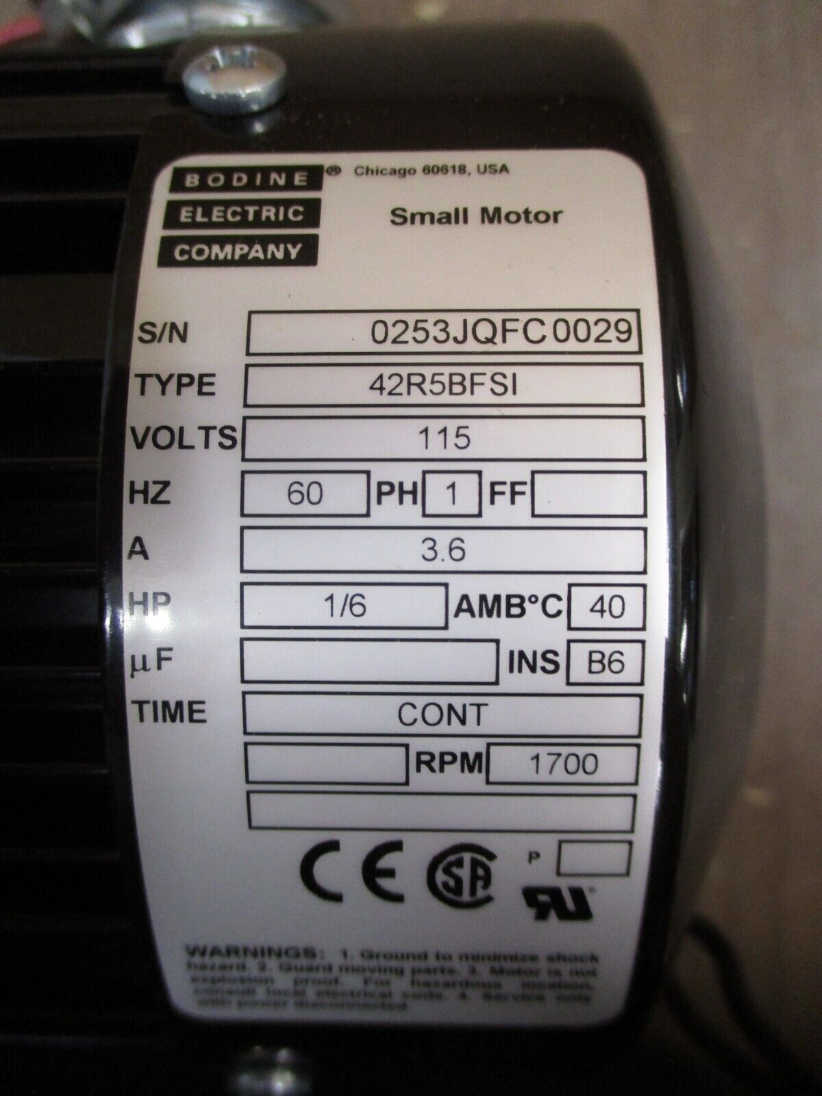 Bodine Electric Company Motor 42R5BFSI 1/6HP 1800RPM 115V 3.6A 60Hz New Surplus