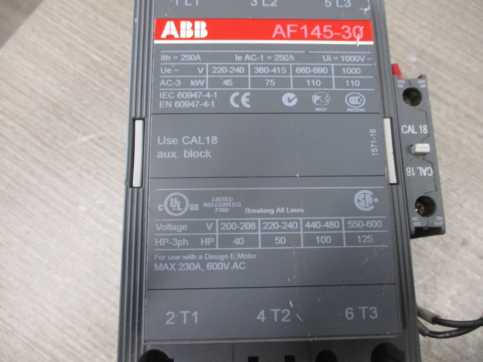 ABB  Contactor  AF145-30  20-60VDC Coil  230A  600V  Used