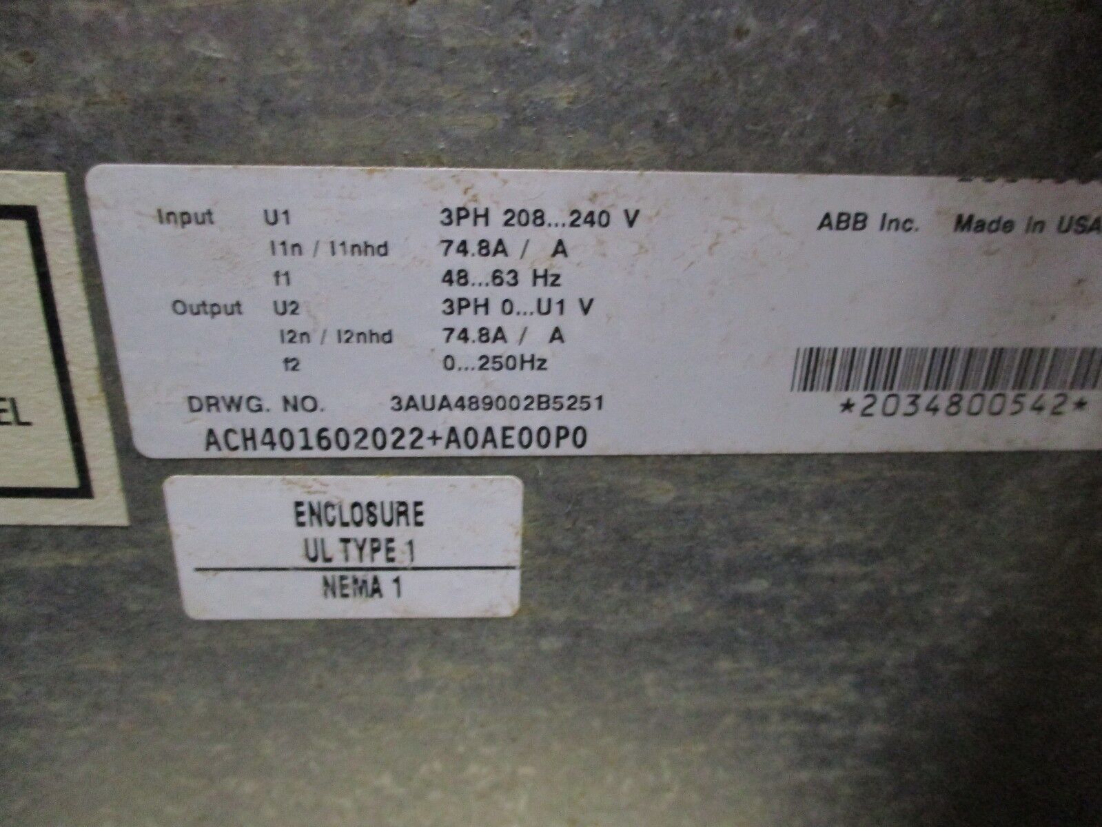 ABB ACH401 AC Drive w/ Bypass ACH401602022+A0AE00P0 25HP 3Ph Used