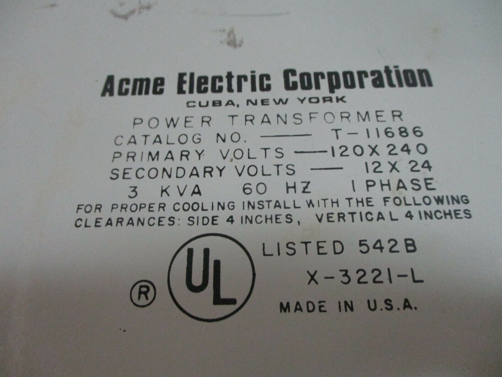 Acme Power Transformer T-11686 3kVA Pri: 120/240V Sec: 12/24V 1Ph 60Hz Used