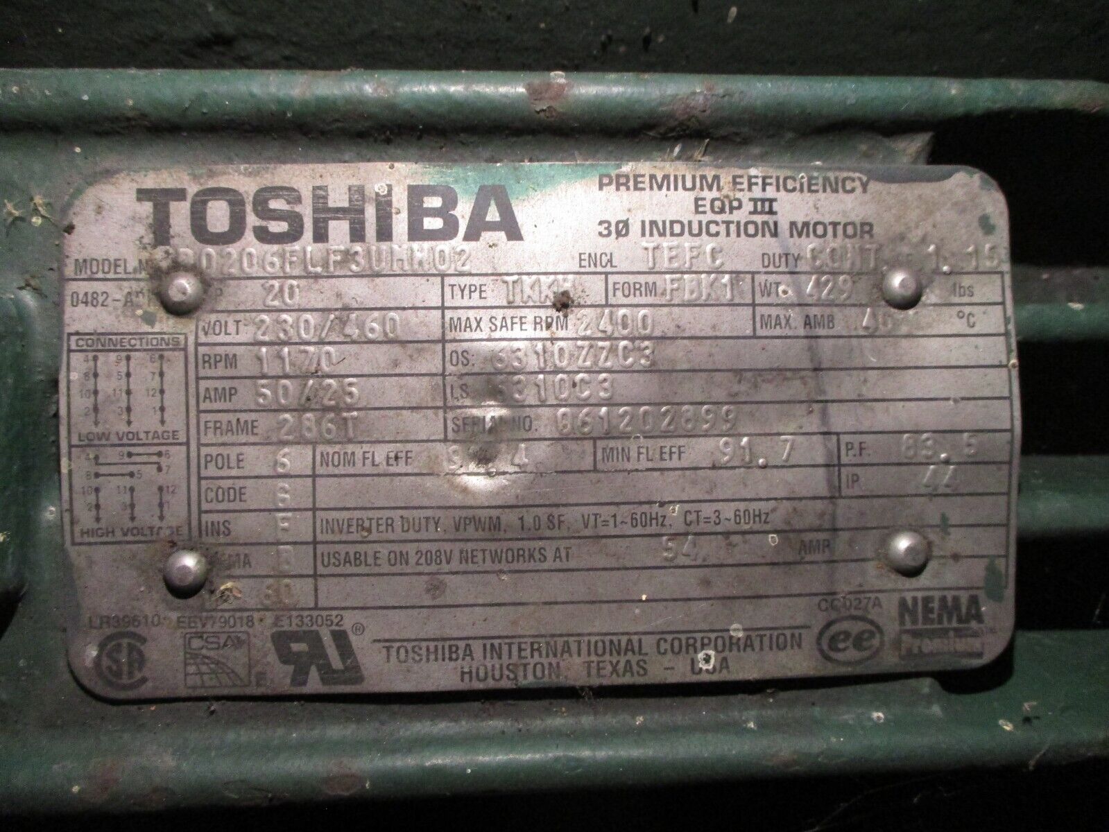 Toshiba Induction Motor B0206FLF3UMH02 20HP 230/460V 50/25A 1200RPM 6P 60Hz Used