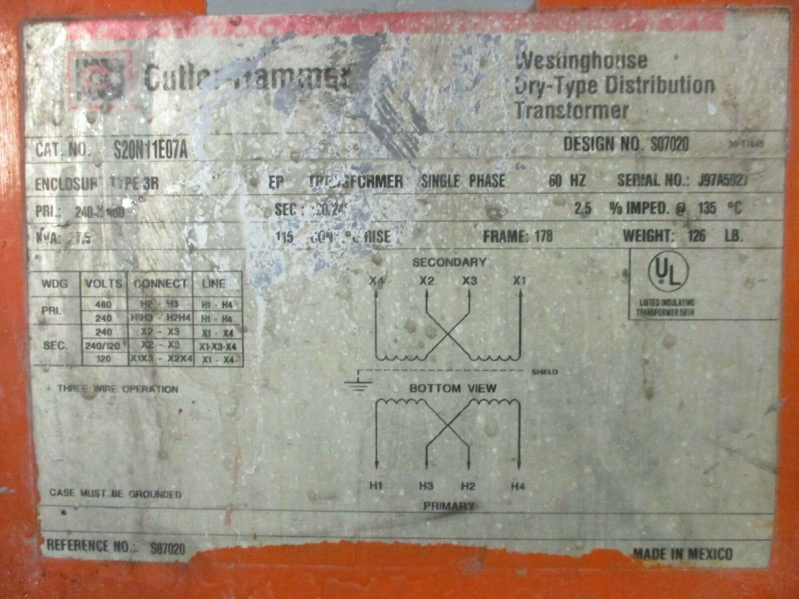 Cutler-Hammer 3R Transformer S20N11E07A 7.5kVA Pri: 240/480V Sec: 120/240V 1Ph