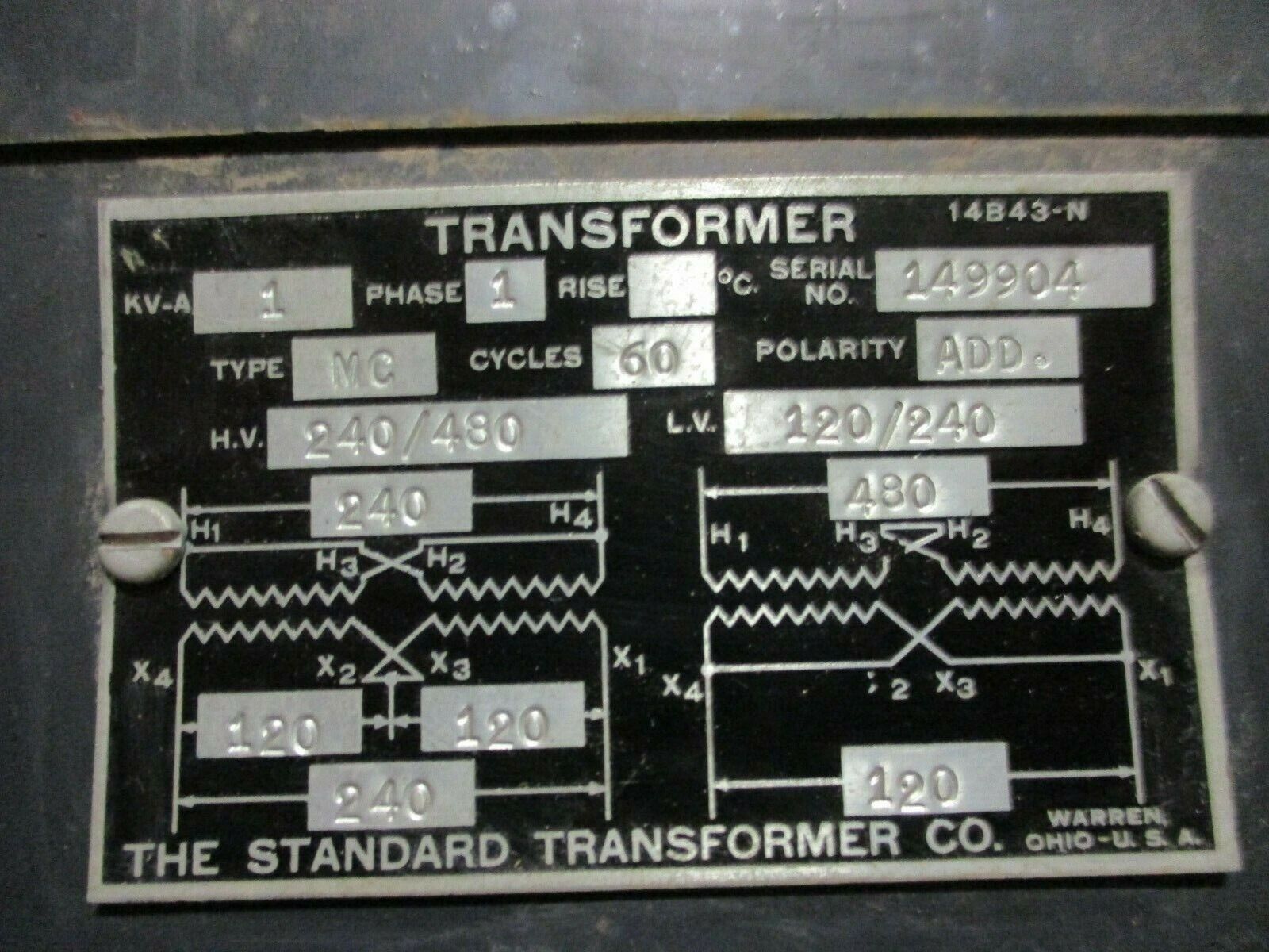 Standard Transformer Transformer MC 1kVA Pri: 240/480V Sec: 120/240V 60Hz Used