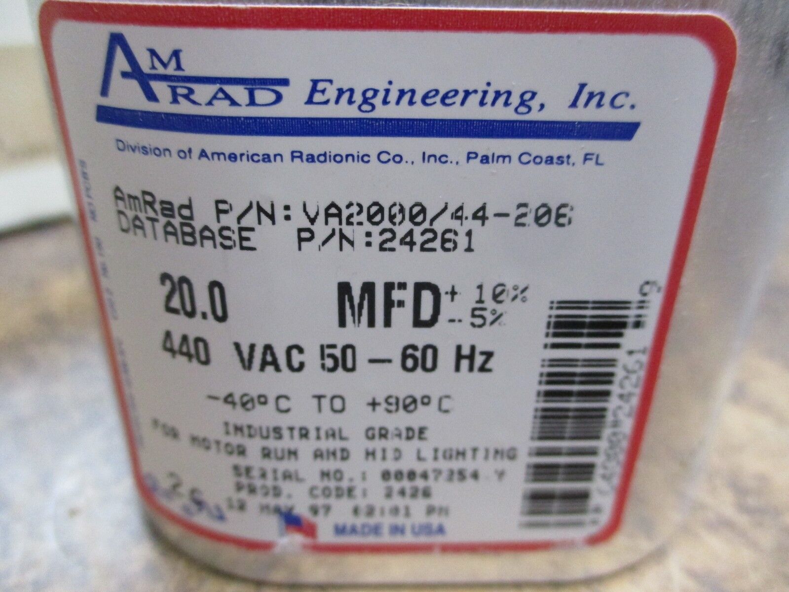 Am-Rad Run Capacitor VA2000/44-206 440V 50-60Hz New Surplus