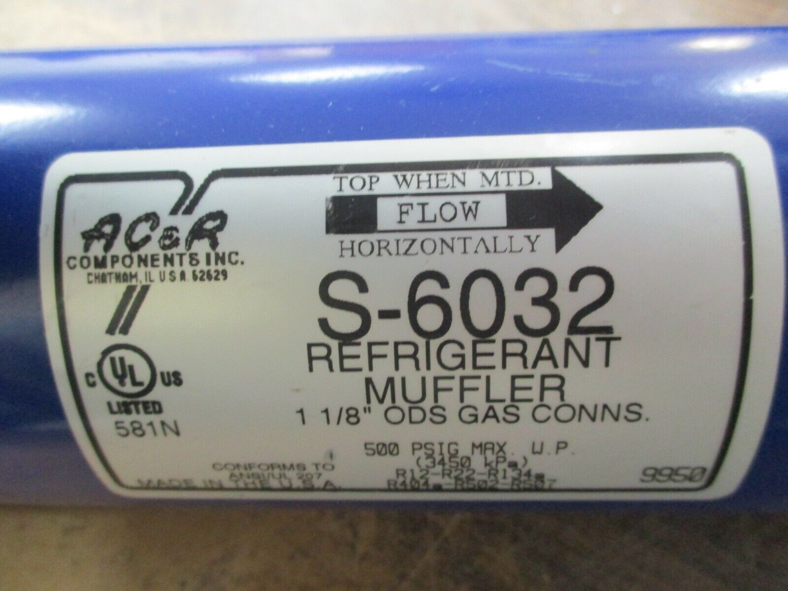 AC&R Refrigerant Muffler S-6032 1-1/8" ODS Gas Conns 500PSIG No Box New Surplus