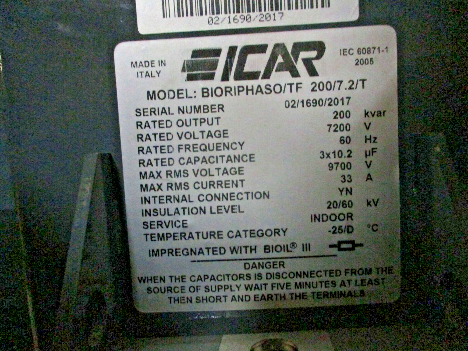 ICAR Capacitor BIORIPHASO/TF 200/7.2/T 200KVAR 7.2KV 60HZ 3x10.2uf Used.