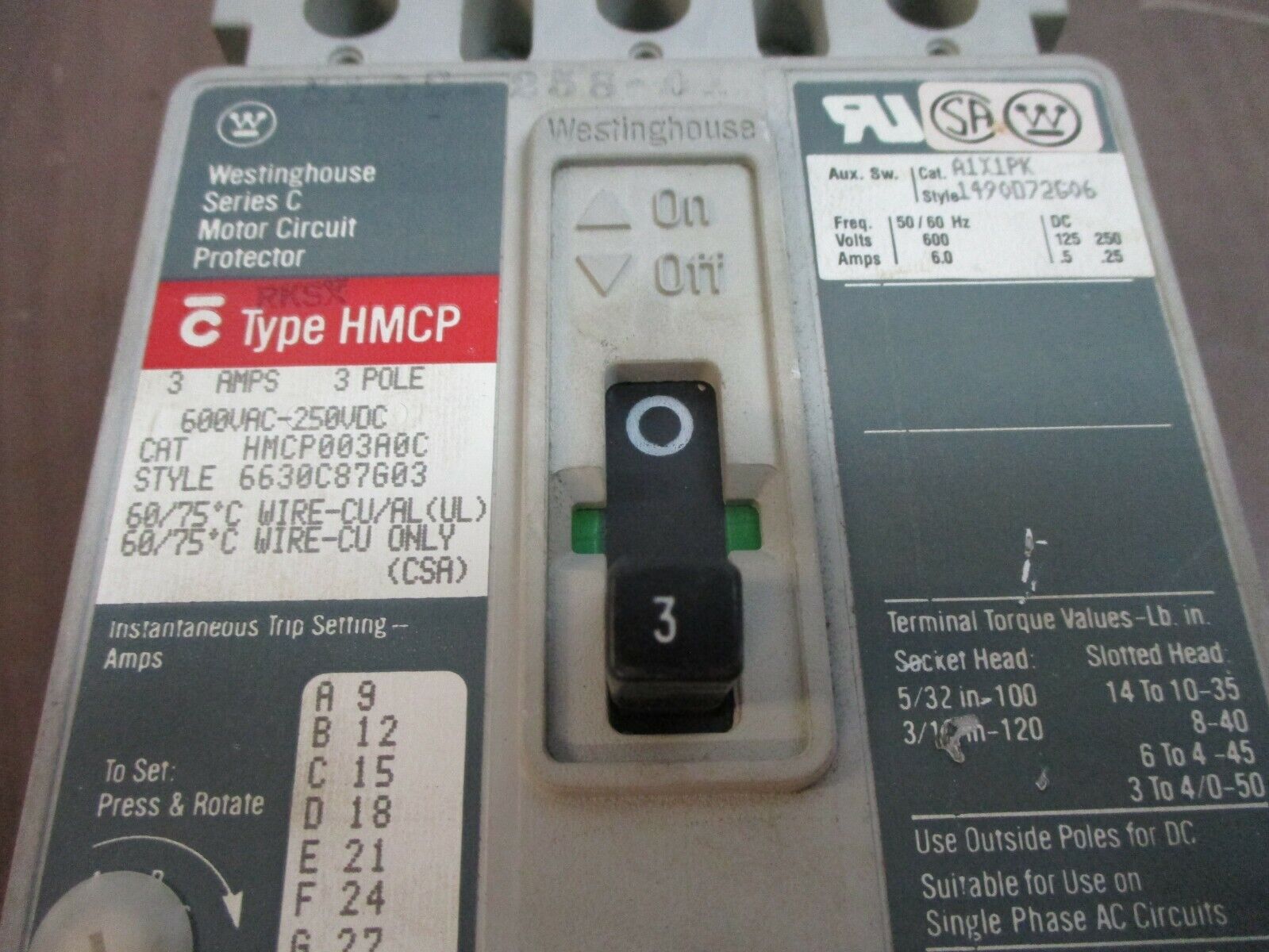 Westinghouse Circuit Breaker w/ Aux HMCP003A0C 3A 600V 3P Used