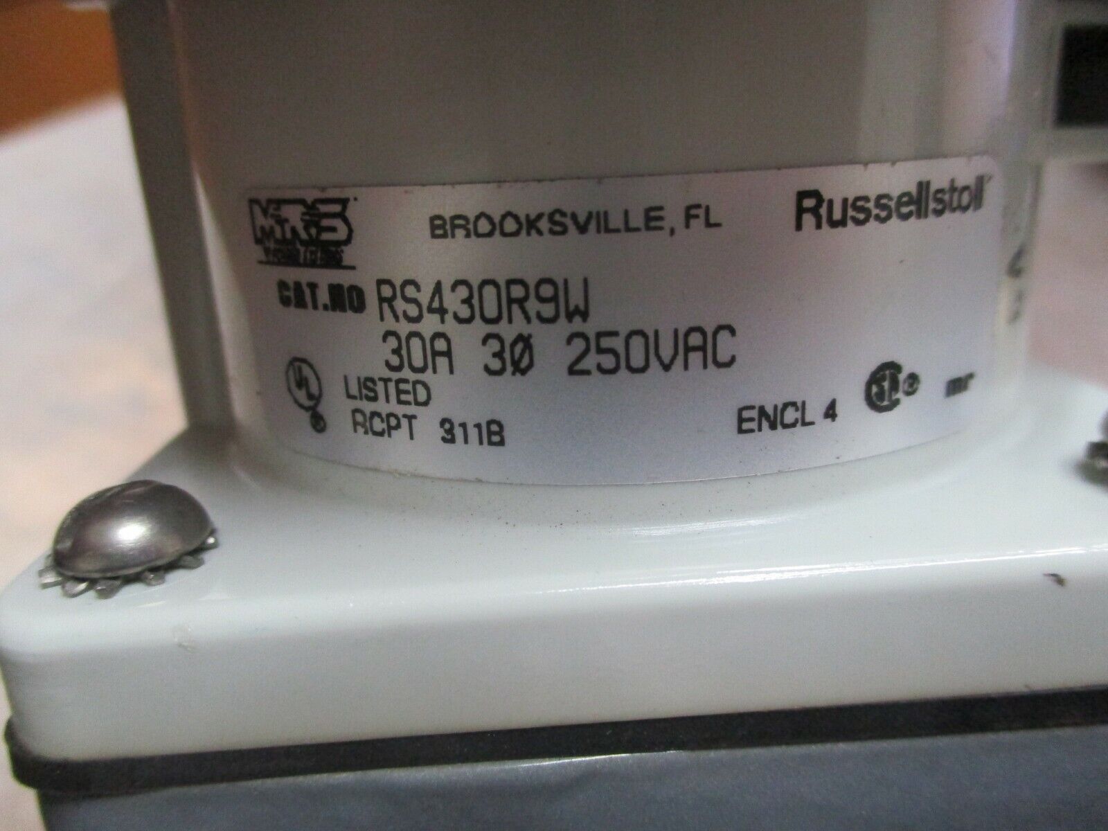 Russellstoll Receptacle w/ Base RS430R9W 30A 250V 3Ph Used