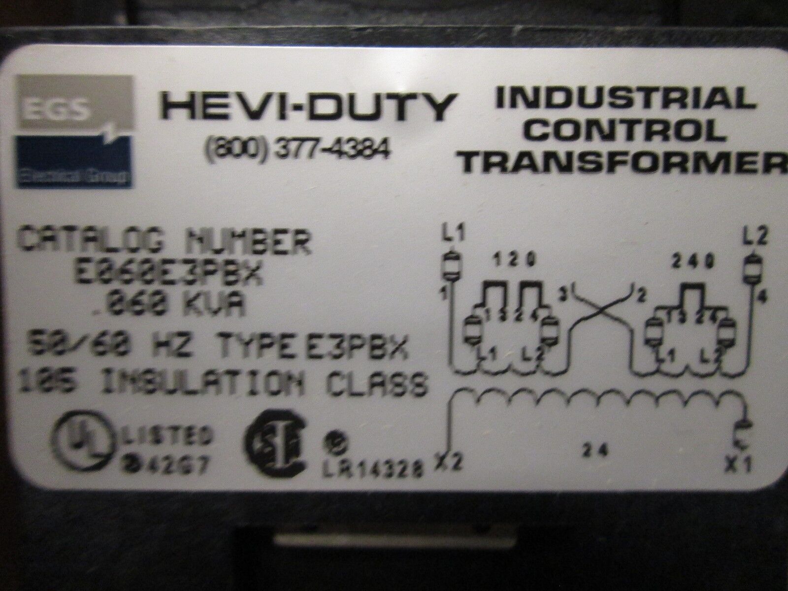 Hevi-Duty Control Transformer E060E3PBX Pri 120/240V Sec 24V .060KVA 50/60Hz