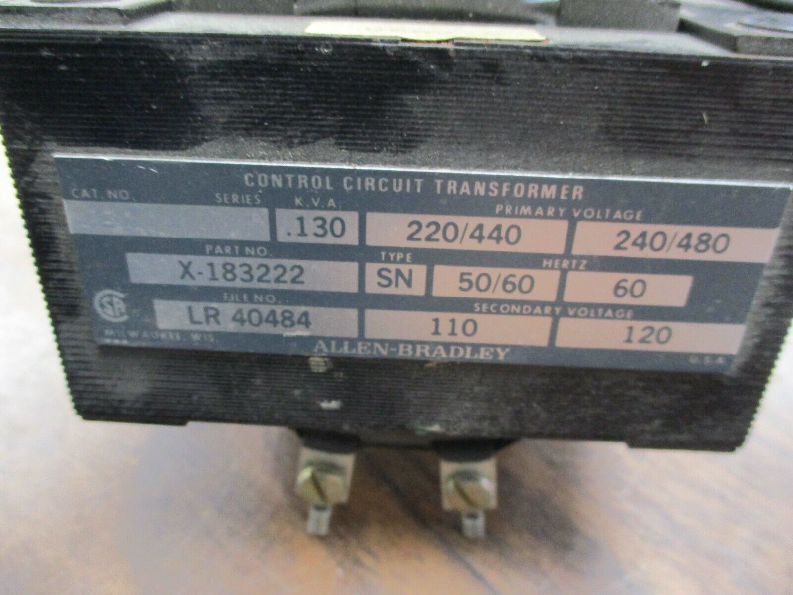 Allen-Bradley Type SN Control Transformer X-183222 0.130KVA 60Hz Used