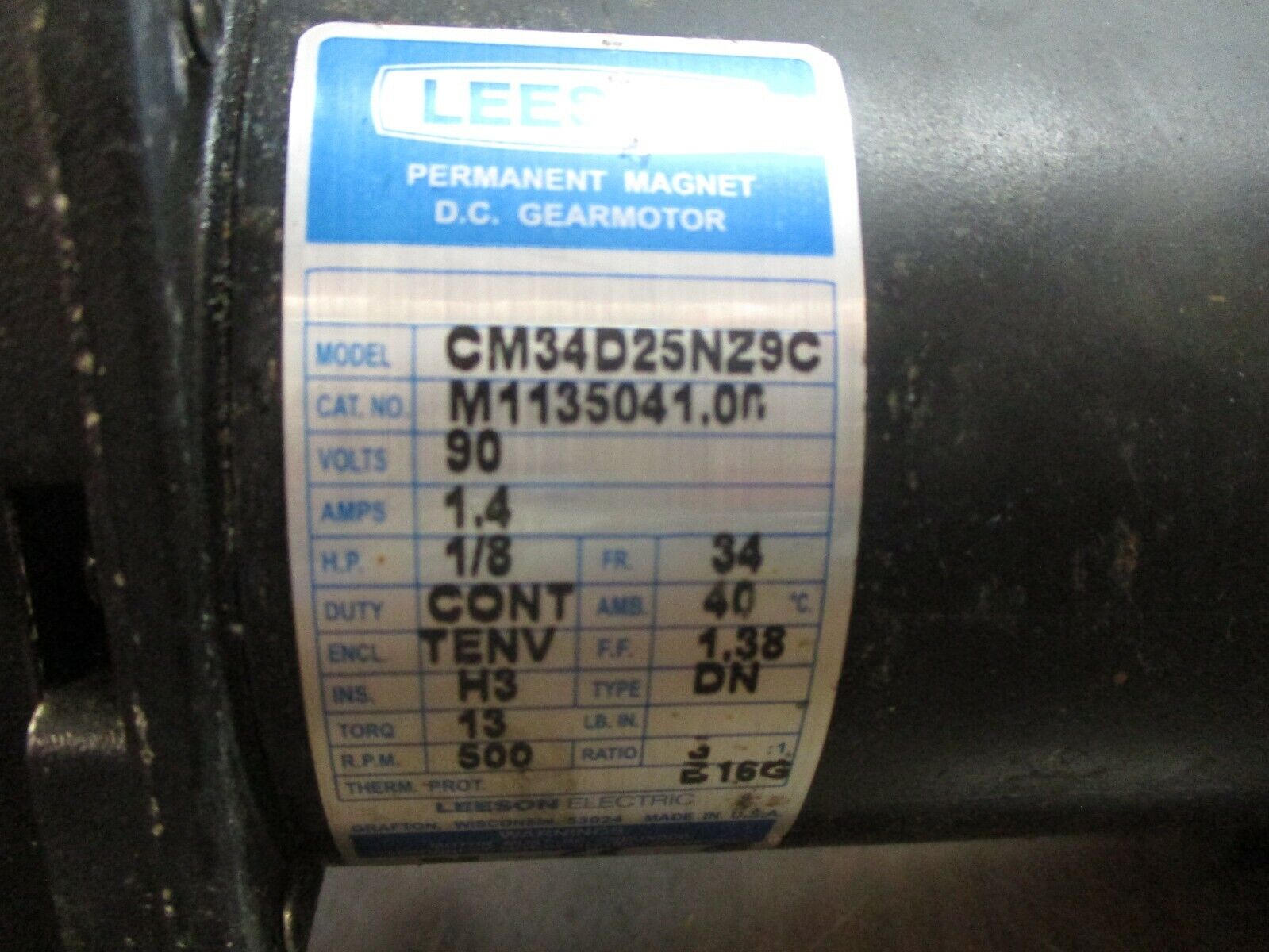 Leeson DC Gearmotor M1135041.00 Model #: CM34D25NZ9C 1/8HP Ratio. 3:1 90V 1.4A