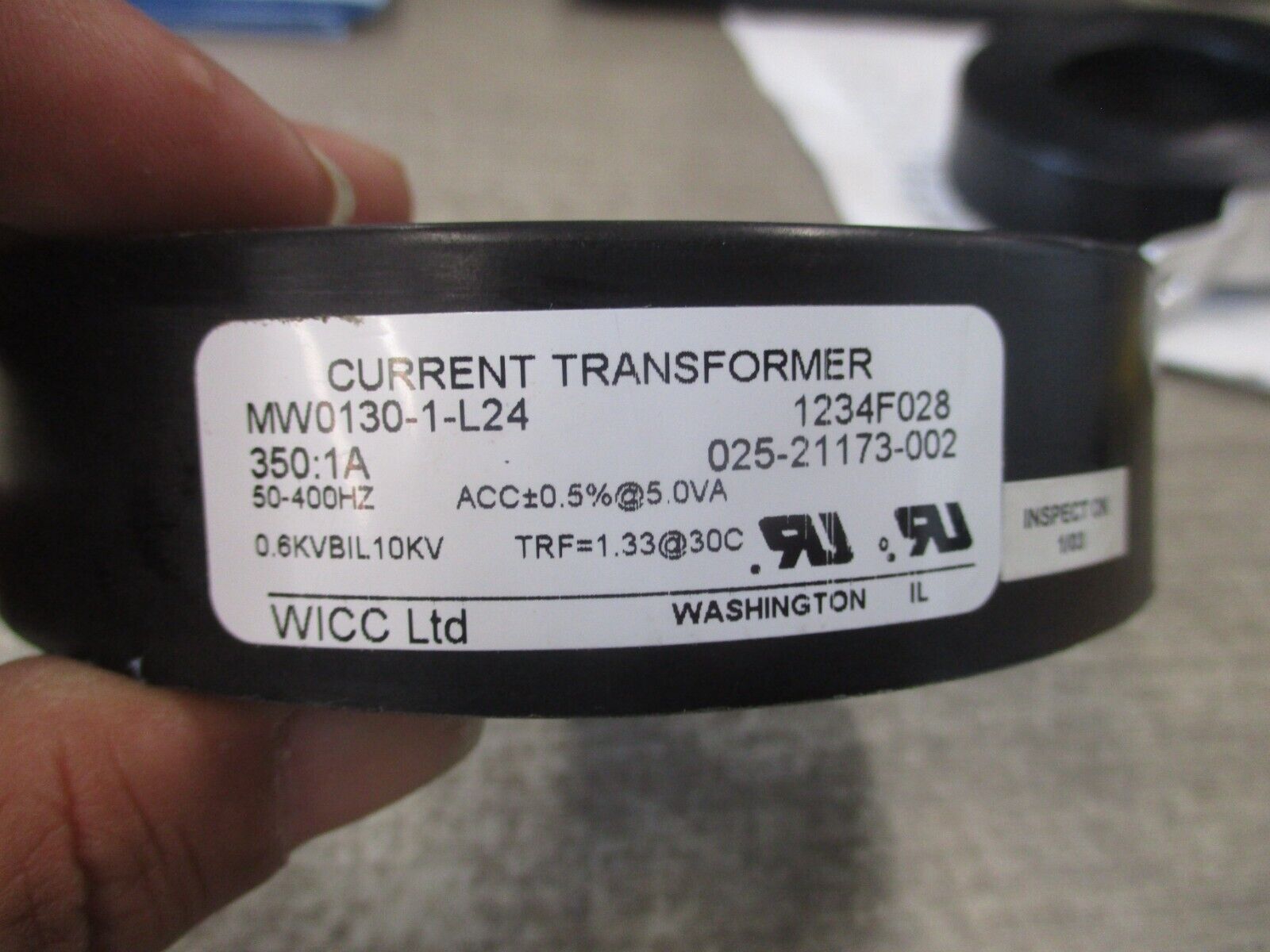 WICC Current Transformer MW0130-1-L24 Ratio 350:1A 600V 50-400Hz 10kV BIL Used