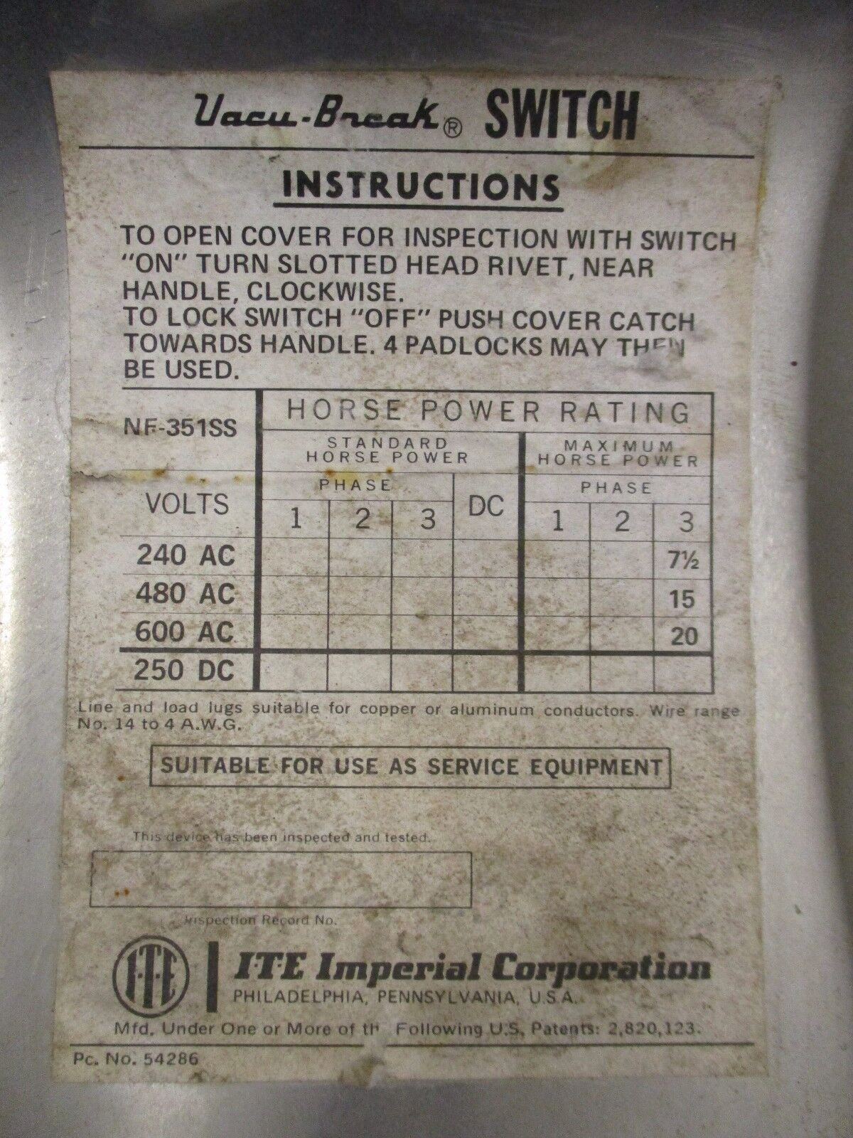 ITE Stainless Steel Safety Switch NF351SS 30A 600V 3P Used