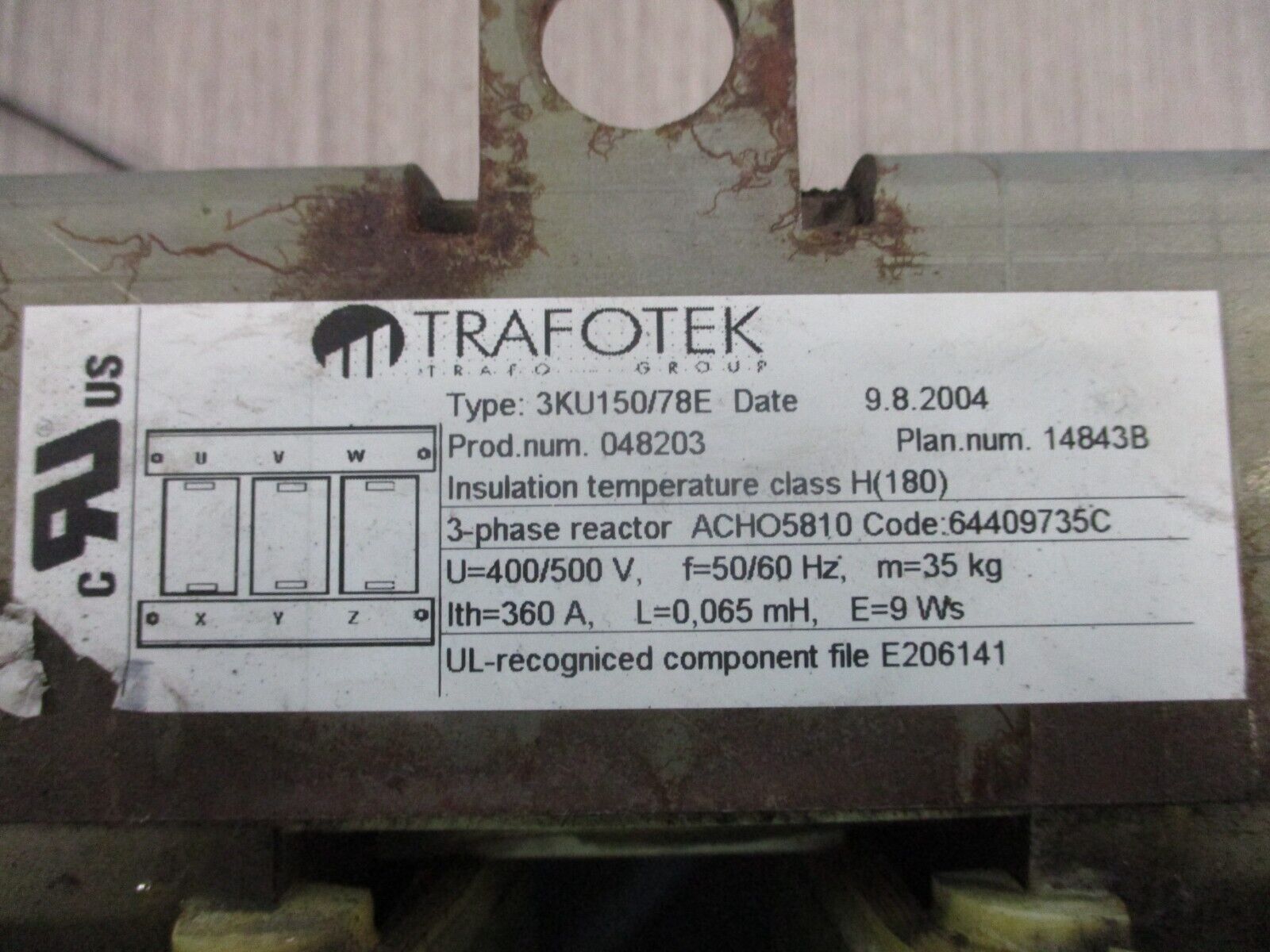 Trafotek 3Ph Reactor 3KU150/78E 400/500V 50/60Hz 360A 0.065MH Used