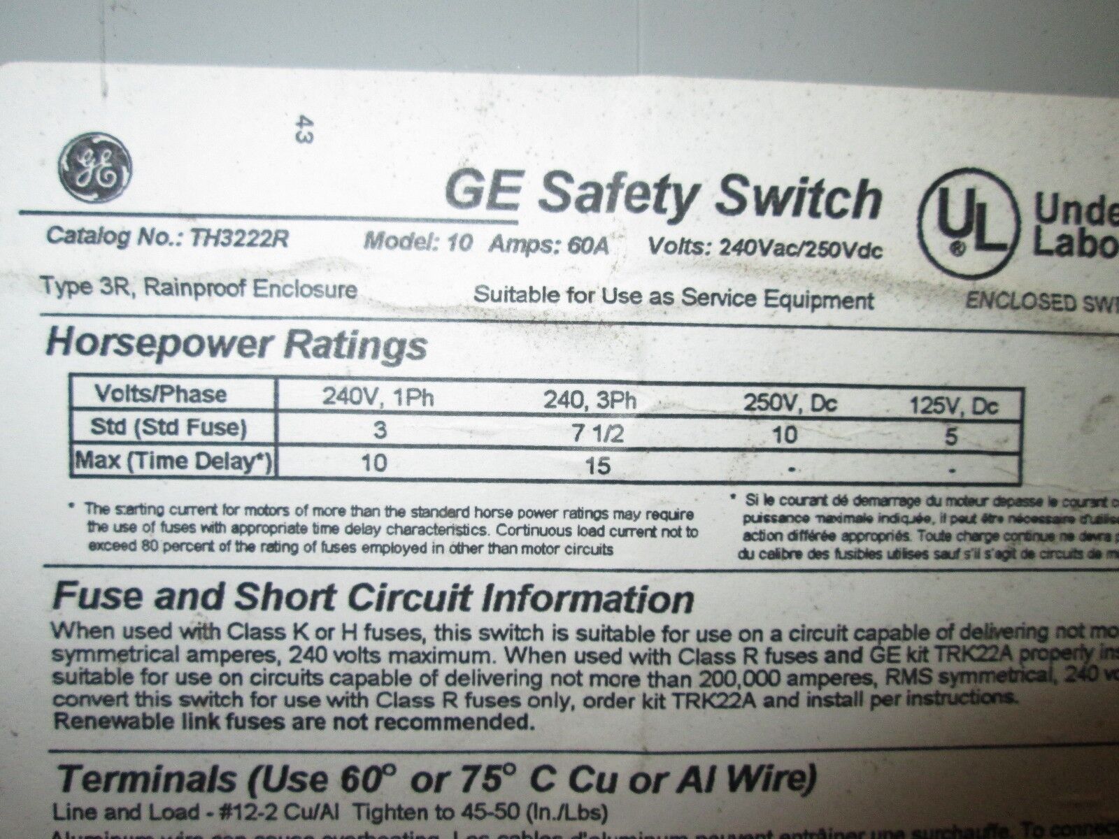 GE  3R Fusible Safety Switch  TH3222R  60A  240V  2P  3W  Nema 3R Enclosure