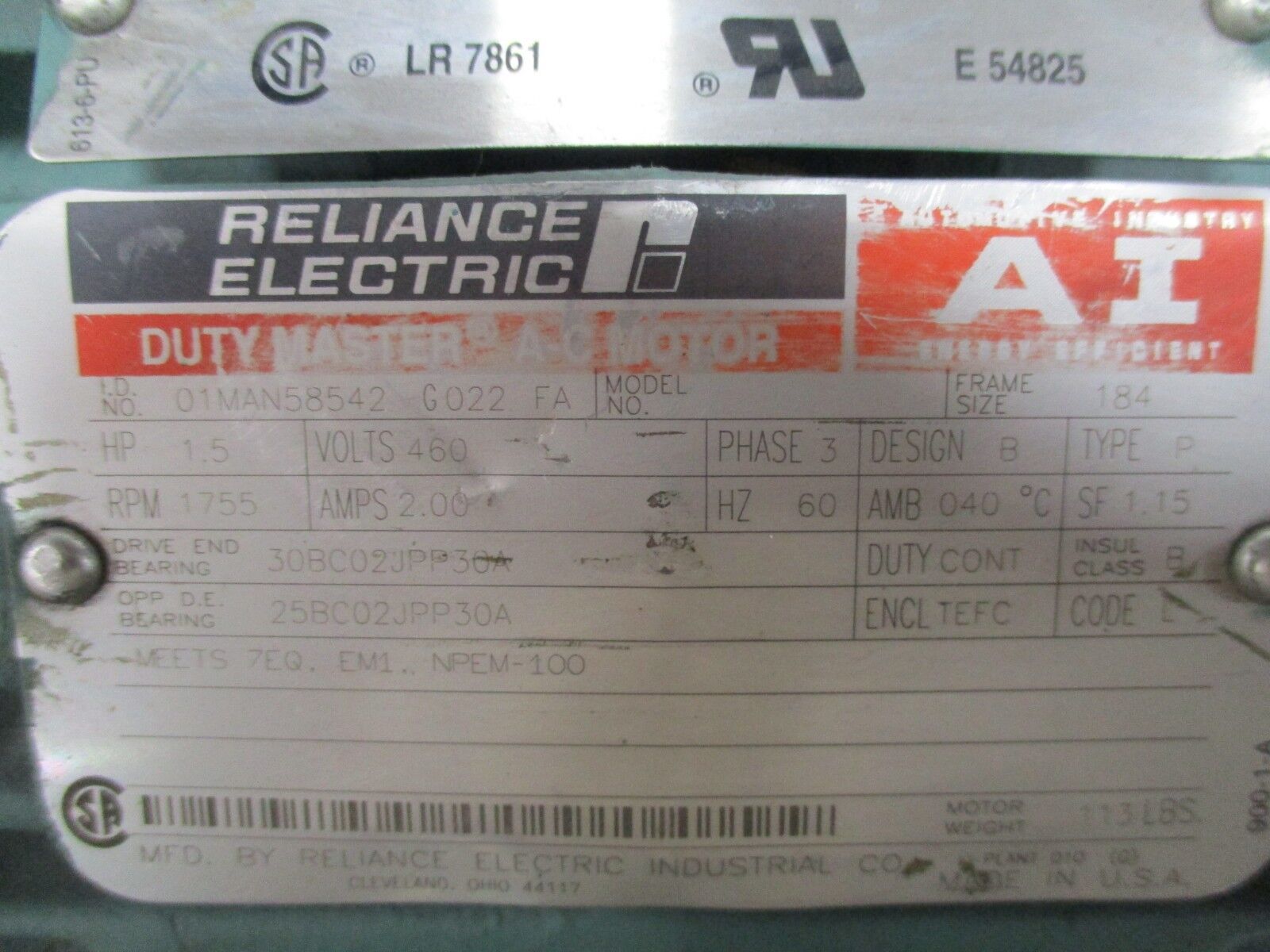 Reliance AI Duty Master AC Motor 01MAN58542 G022 FA 1.5HP 1800RPM 460V 2A Used