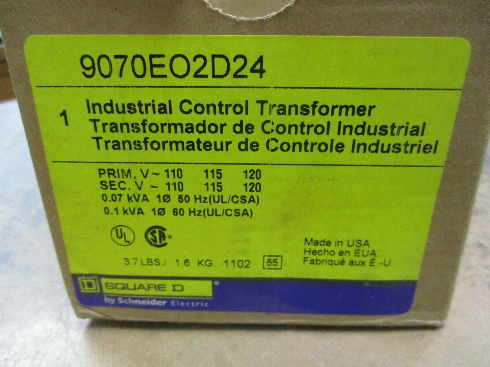 Square D Control Transformer 9070EO2D24 0.1KVA Pri:110/115/120V Sec:110/115/120V