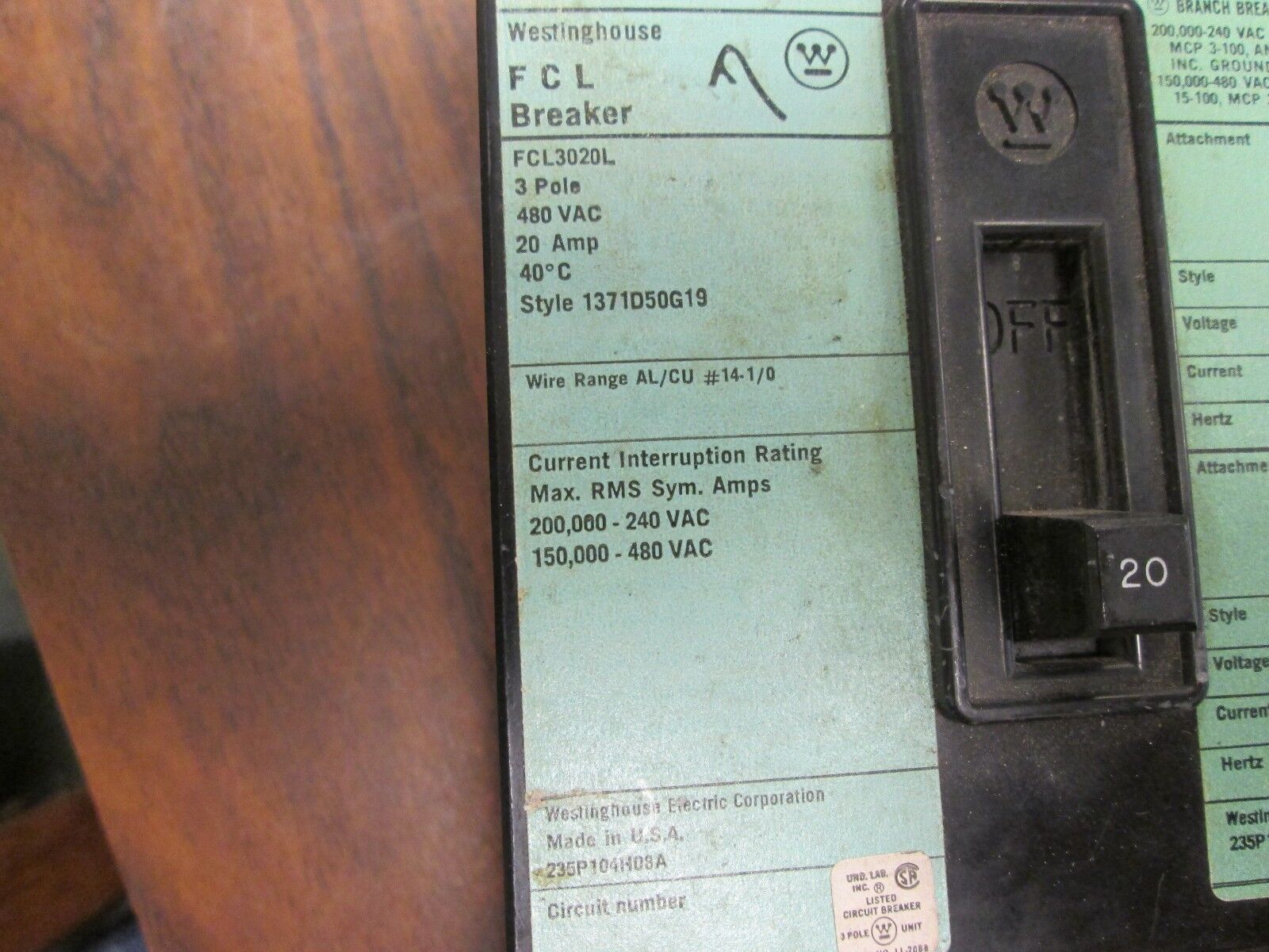 Westinghouse FCL Breaker FCL3020L 20A 480VAC 3P Used