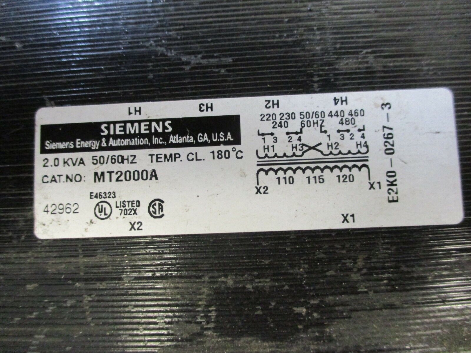 Siemens Transformer MT2000A 2.0kVA Pri:240/480V Sec:120V 50/60Hz Used