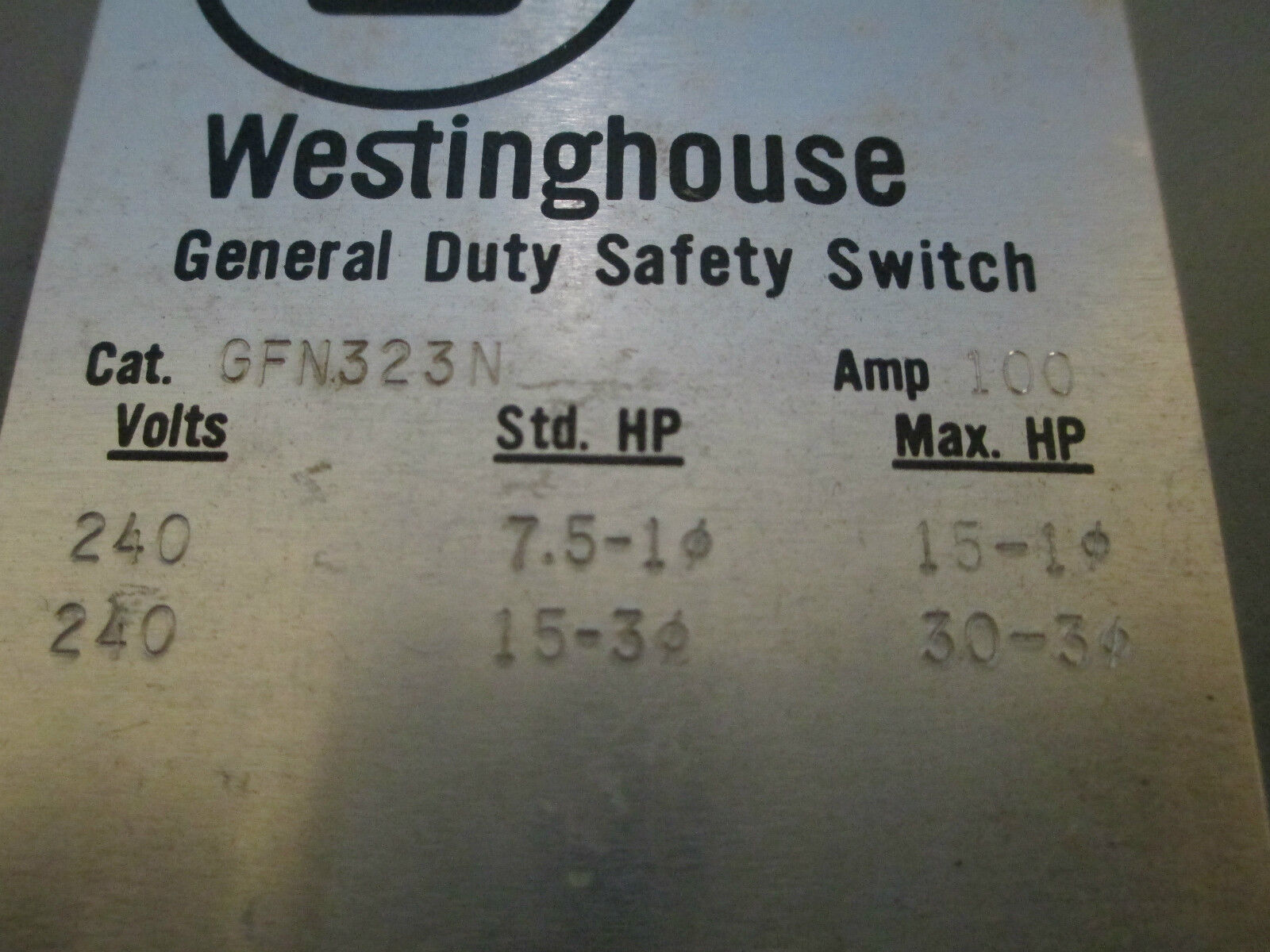 Westinghouse Safety Switch GFN323N 100A 240V 2P New Surplus