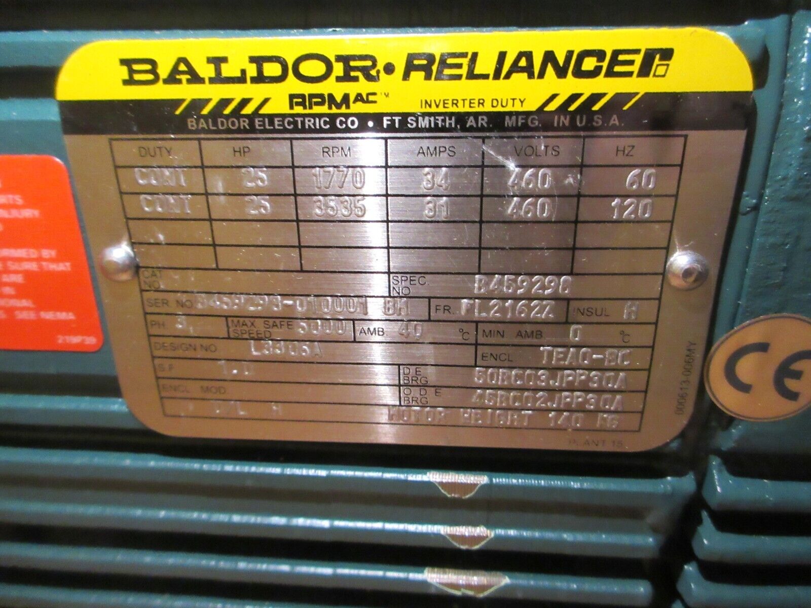 Baldor RPM AC Motor B459298 25HP 1800/3600RPM 460V 60/120Hz New Surplus