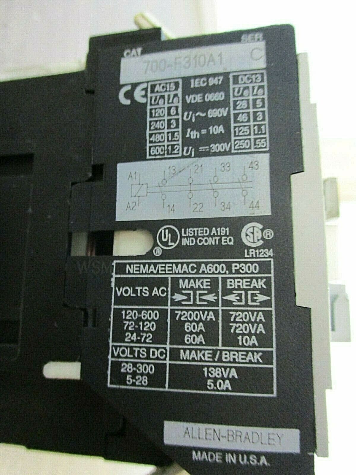 Allen-Bradley Contactor 700-F310A1 Ser. C 120V Coil Used