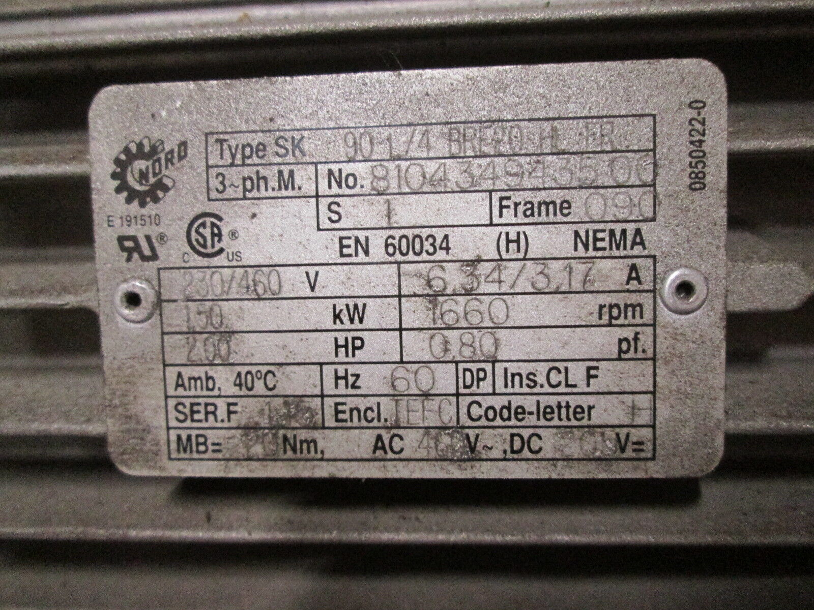 Nord Motor & Gear SK90L/4 BRE20 HL FR // 12063W 2HP 15.57 Ratio Used