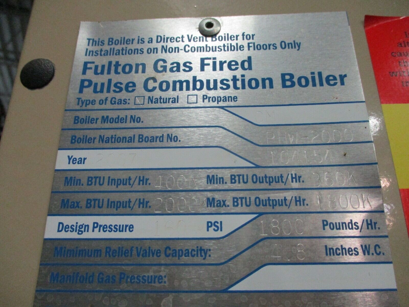 Fulton Pulse Combustion Boiler PHW-2000 2000kBTU In Nat. Gas MFD: 2007 Used