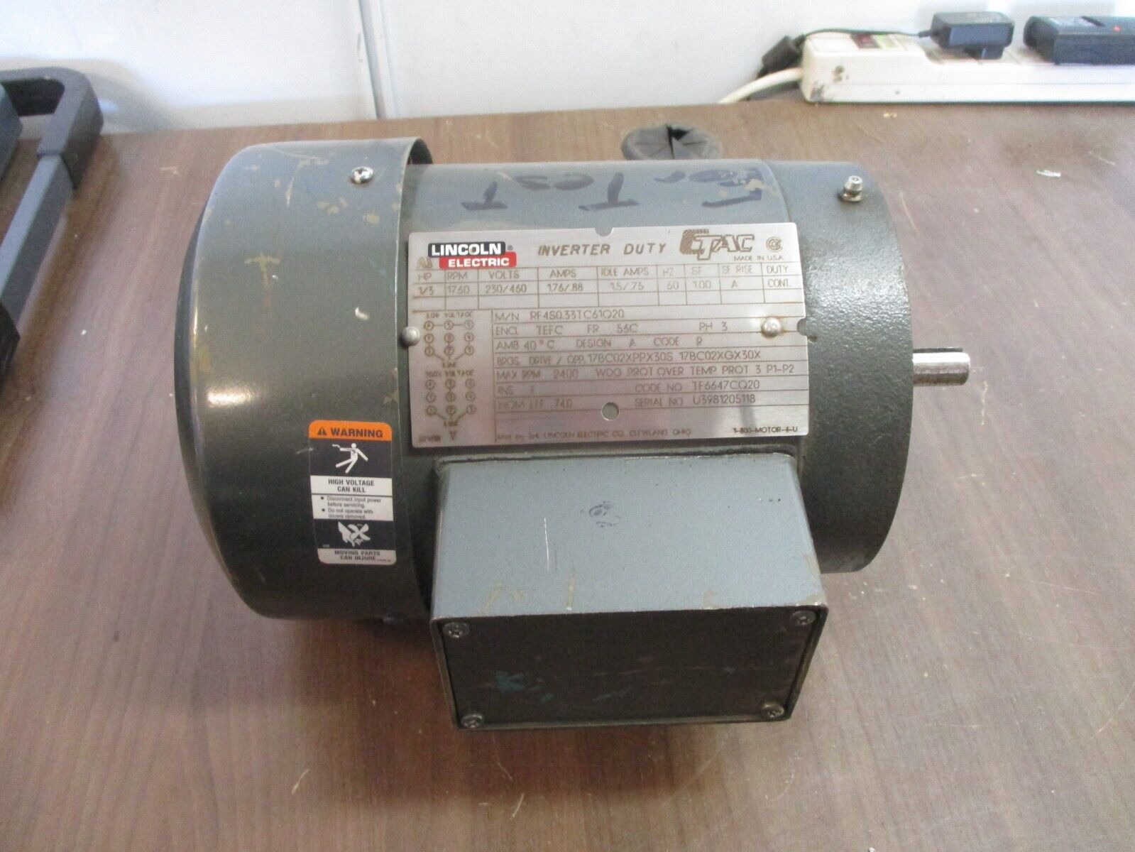 Lincoln Electric Motor RF4S0.33TC61Q20 1/3HP 1800RPM 230/460V 1.76/.88A 60Hz 3Ph