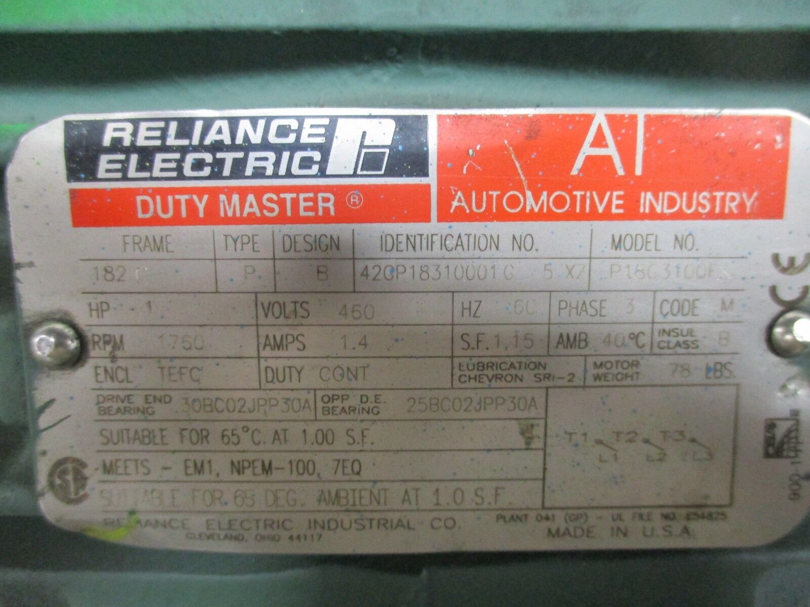 Reliance AI Duty Master AC Motor P18G3100F 1HP 1800RPM 460V 1.4A 60Hz 3Ph Used