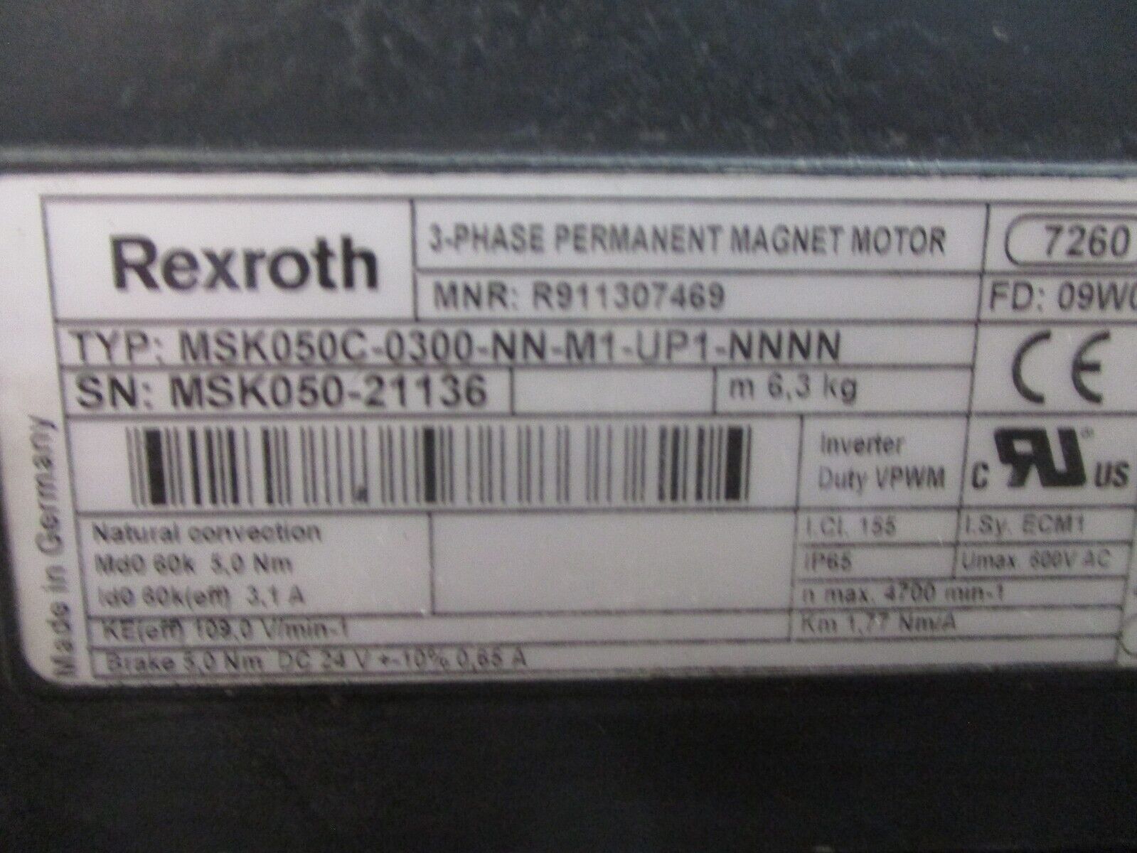 Rexroth Servo Motor MSK050C-0300-NN-M1-UP1-NNNN 3.1A 600V 1.77 Nm/A Used