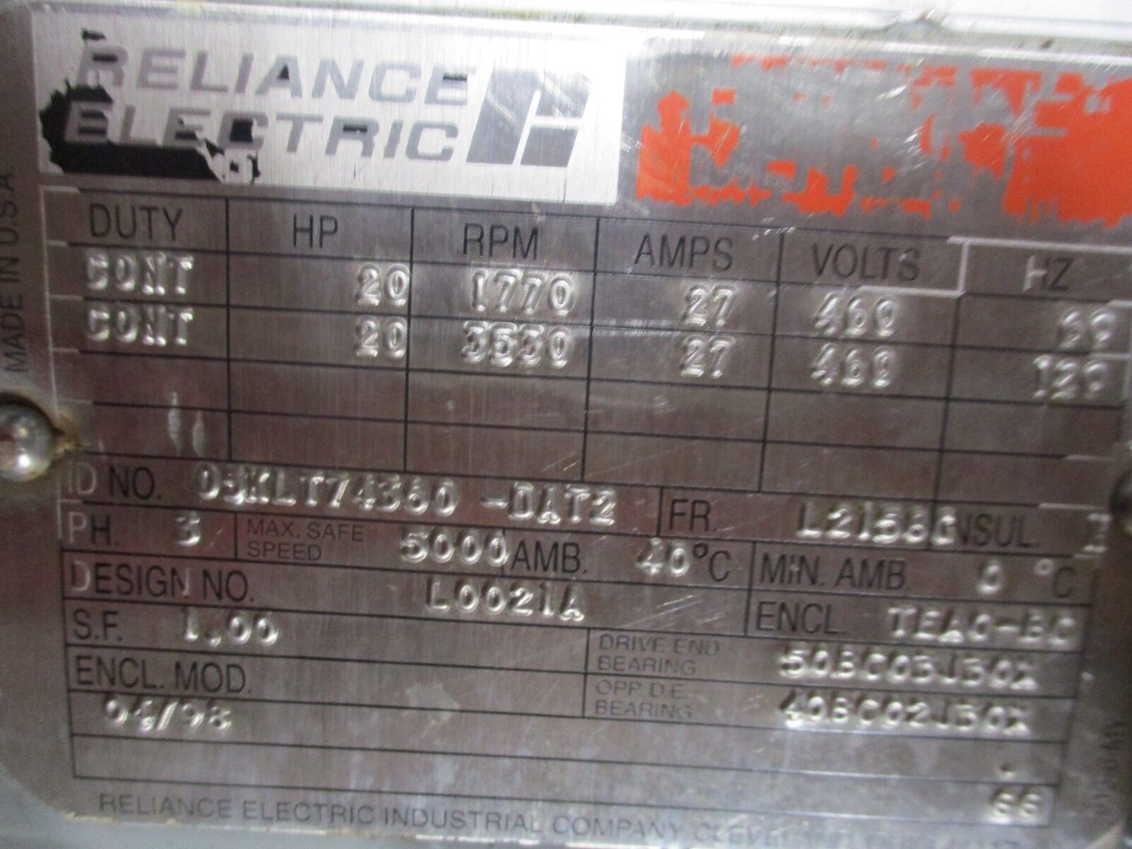 Reliance AC Motor 05KLT74360-DAT2 20HP 1800/3600RPM FR:L2158C ENCL: TEA0-BG Used