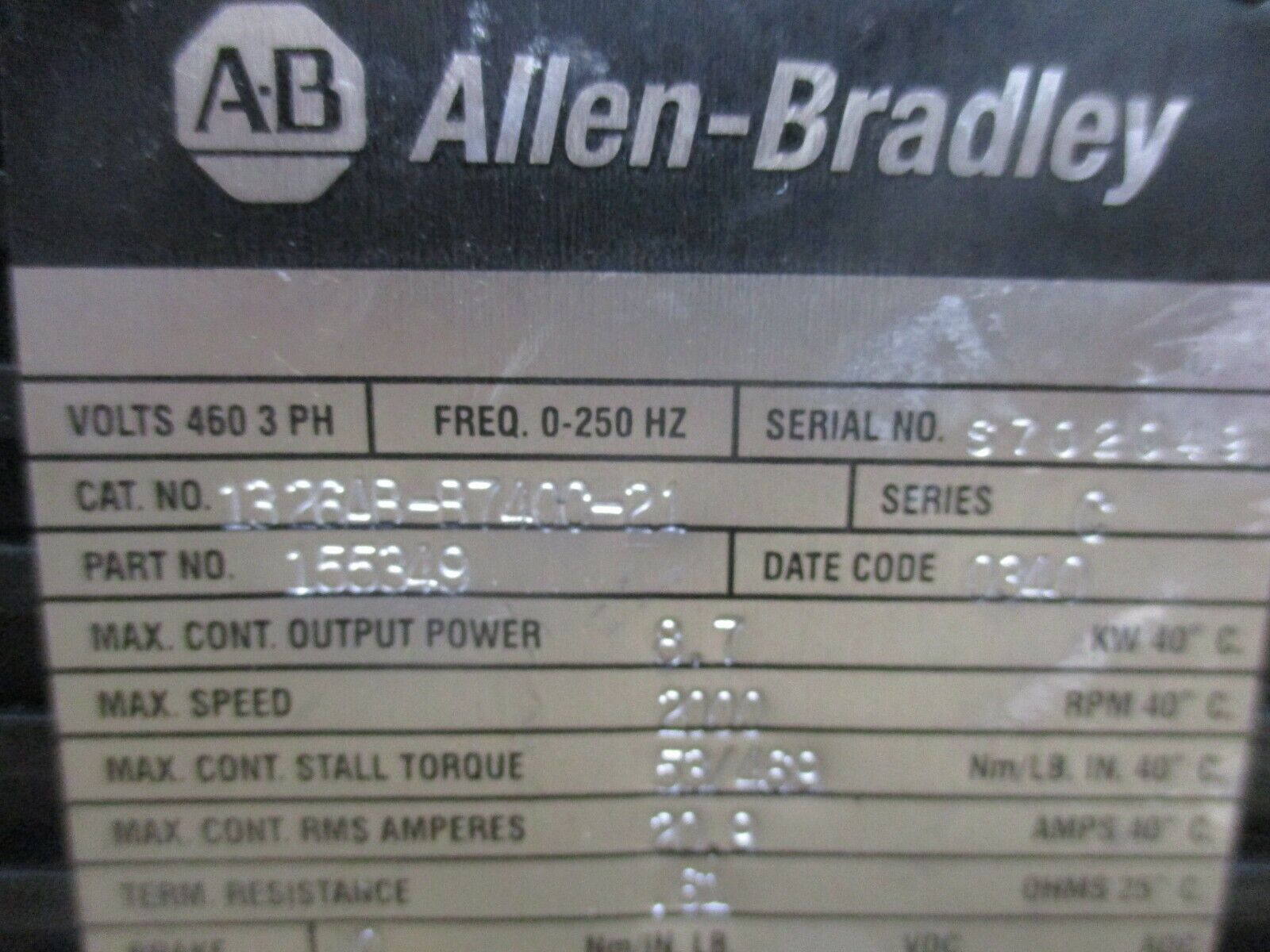 Allen-Bradley 1326 AC Servo Motor 1326AB-B740C-21 8.7KW 2000RPM 460V 20.9A Used