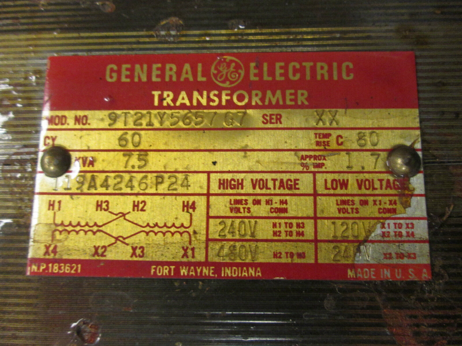 GE Transformer 9T21Y5657G7 Pri 240/480V Sec 120/240V 7.5 KVA 60Hz Used