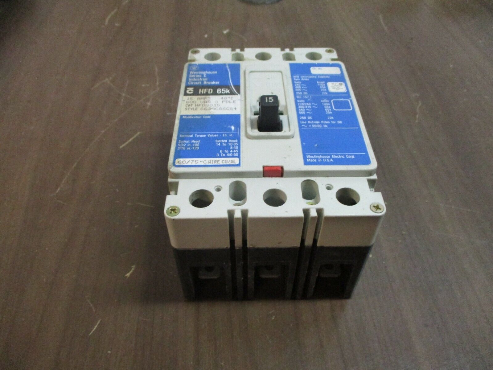 Westinghouse HFD 65K Circuit Breaker HFD3015 15A 600V 3P Used