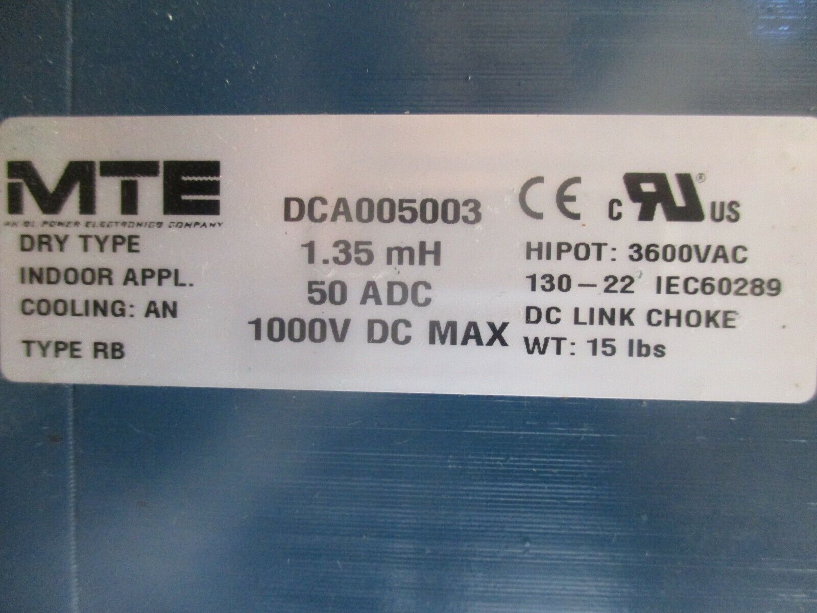 MTE DC Link Choke DCA005003 1.35mH 1000VDC 50A Hipot: 3600VAC Used