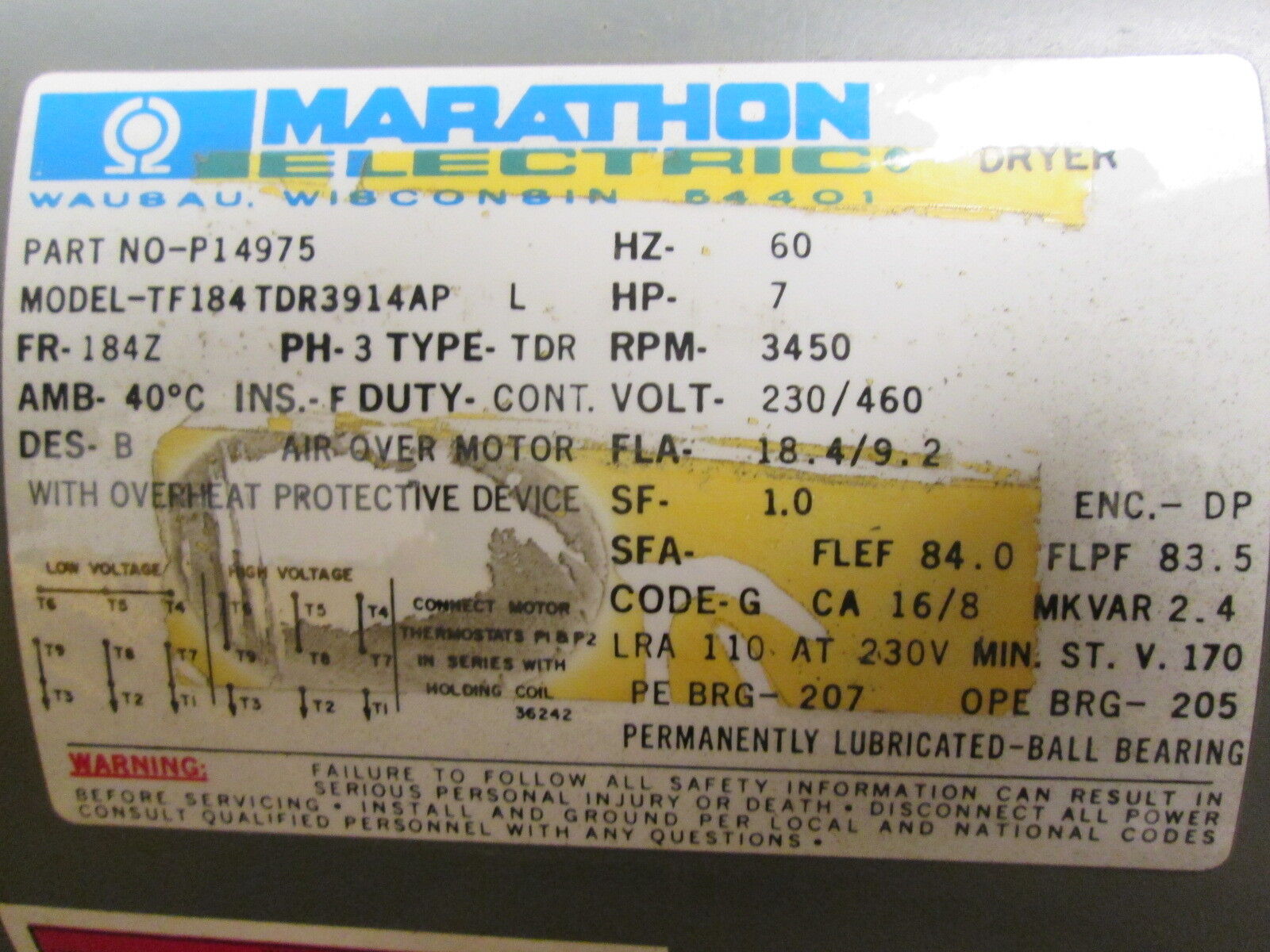 Marathon TH184TDR3914AP AC Motor P14975 7HP 3450RPM FR:184Z ENCL:DP, Refurbished