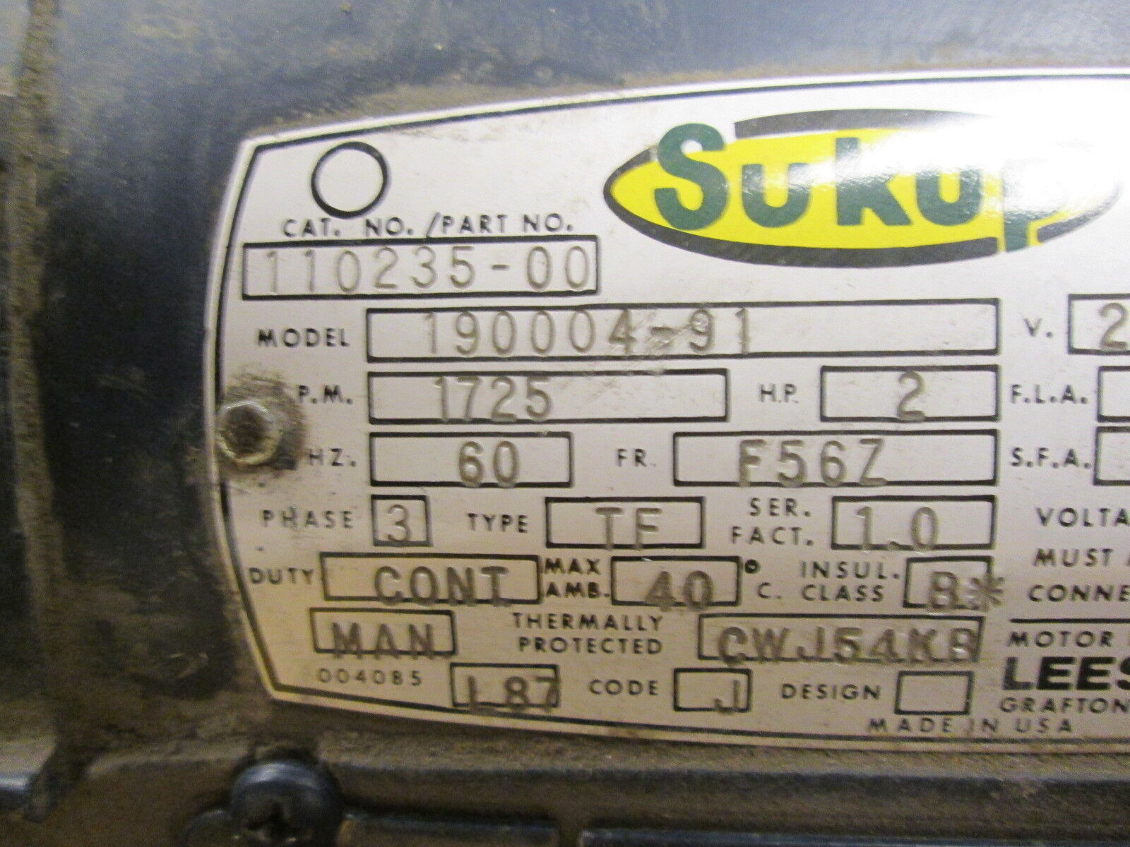 Sukup 190004-91 AC Motor 110235-00 2HP 1725RPM FR: F56Z ENCL: TEFC 3Ph Used