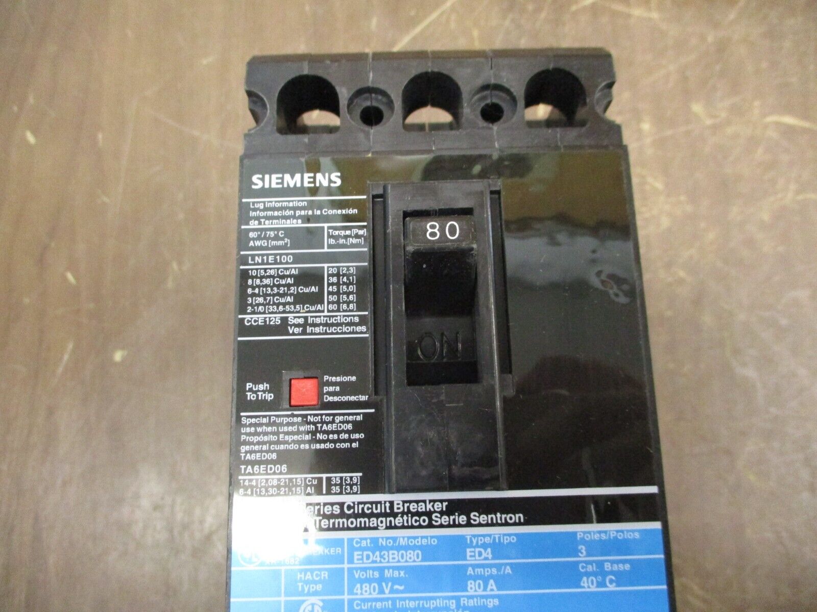 Siemens Sentron Circuit Breaker ED43B080L 80A 480V 3P New Surplus