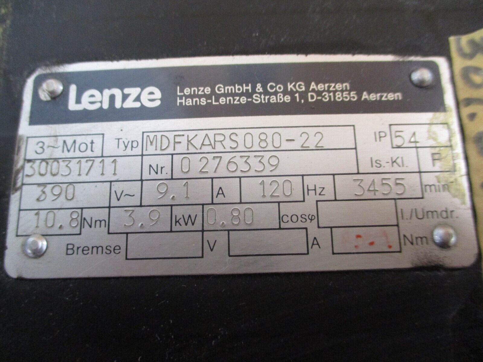 Lenze AC Servo Motor MDFKARS080-22 3.9KW 390V 9.1A 120Hz 3455RPM Used