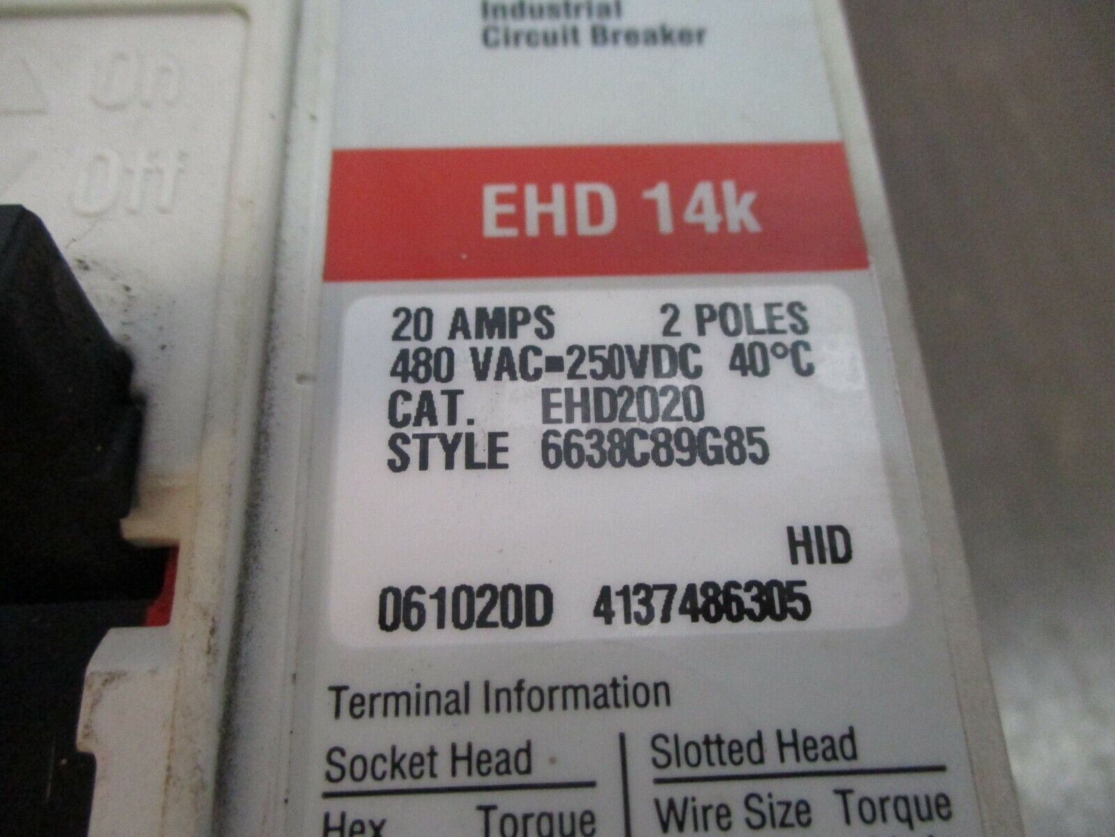 Cutler-Hammer EHD 14k Circuit Breaker EHD2020 20A 480V 2P Used