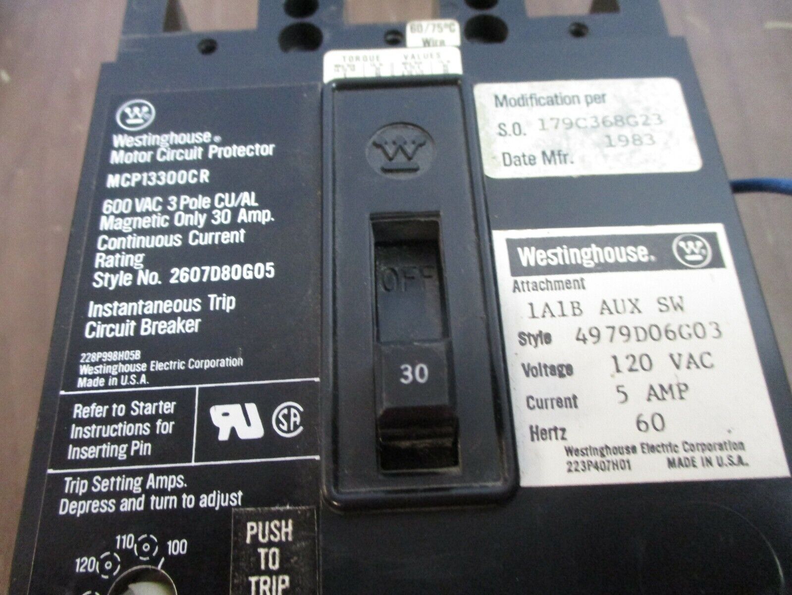 Westinghouse Circuit Breaker w/ Aux MCP13300CR 30A 600V 3P Used