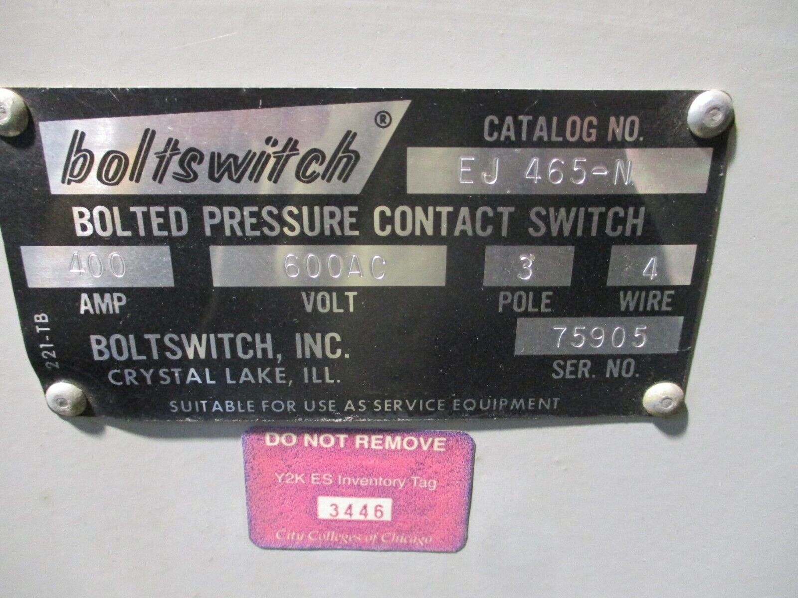 Boltswitch Enclosed Bolted Pressure Contact Switch EJ 465-N 400A 600V 3P 4W Used