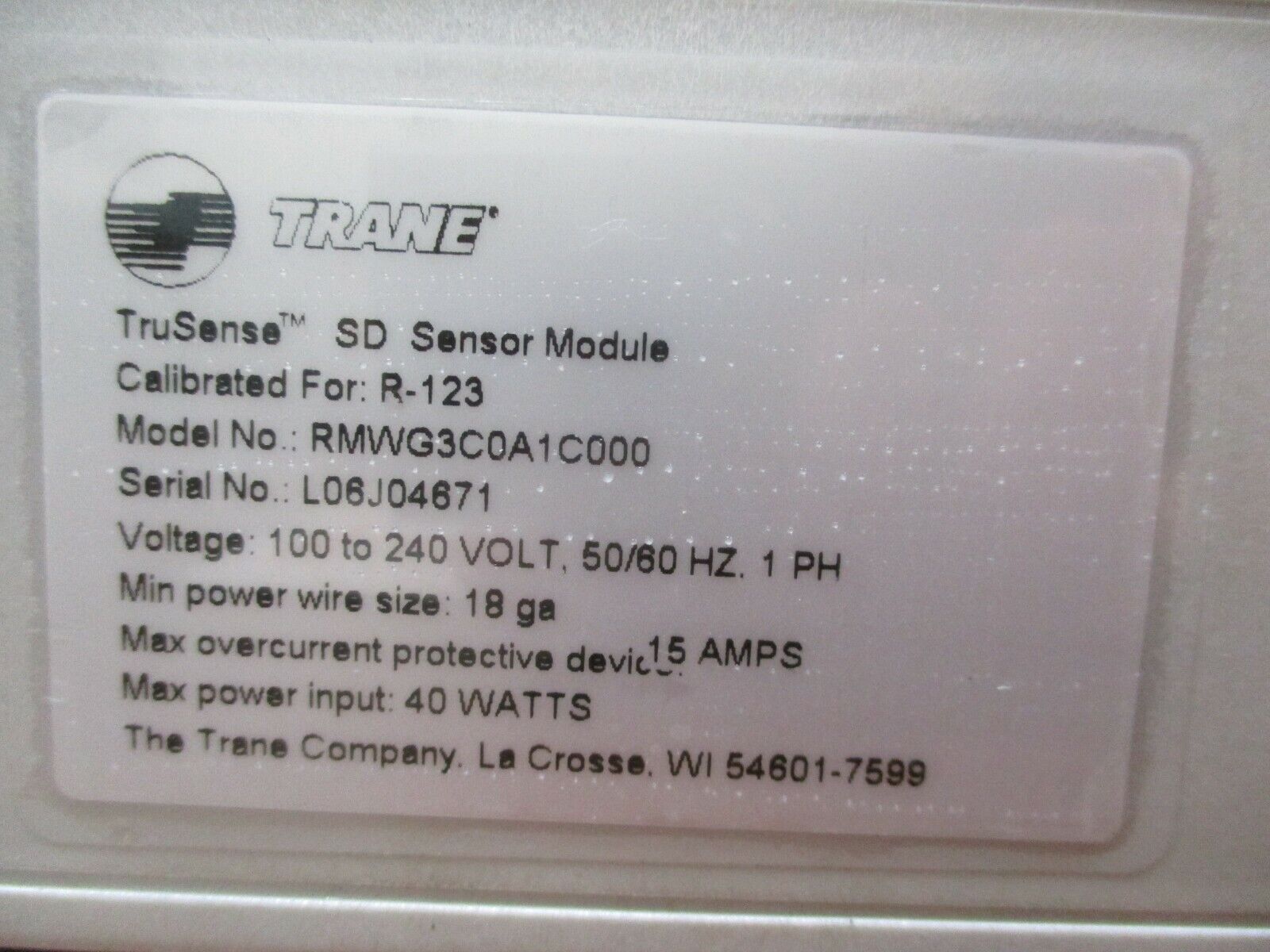 Trane TruSense SD Sensor Module RMWG3C0A1C000 Calibrated for R-123 Used