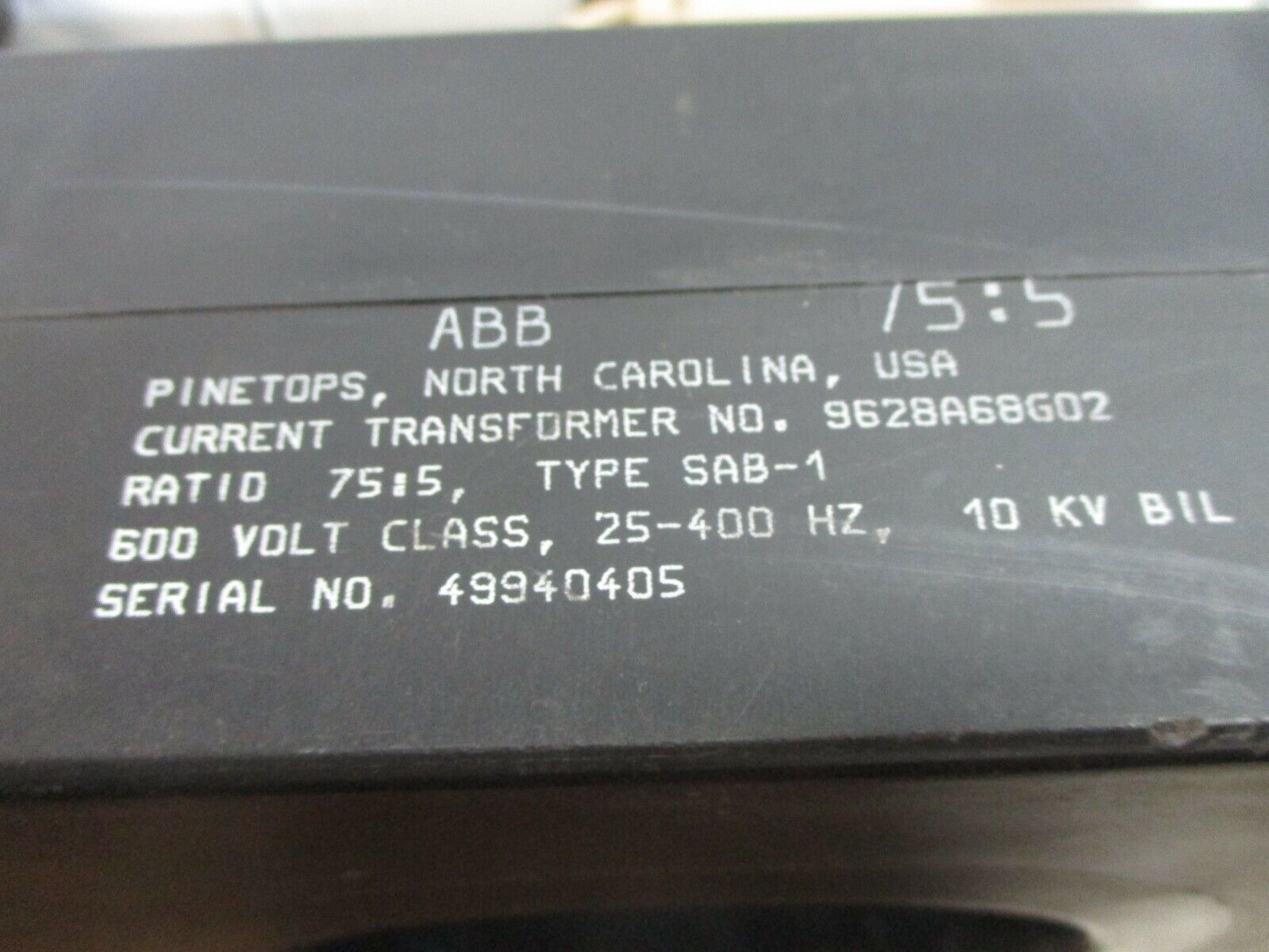 ABB Type SAB-1 Current Transformer 9628A68G02 Ratio 75:5A 600V 25-400Hz 10kV BIL