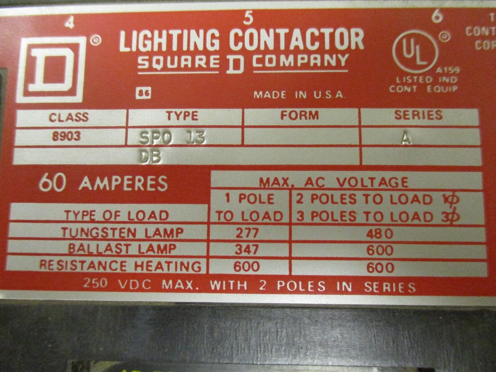 Square D Lighting Contactor 8903 SP013V04 277V Coil 60A New Surplus