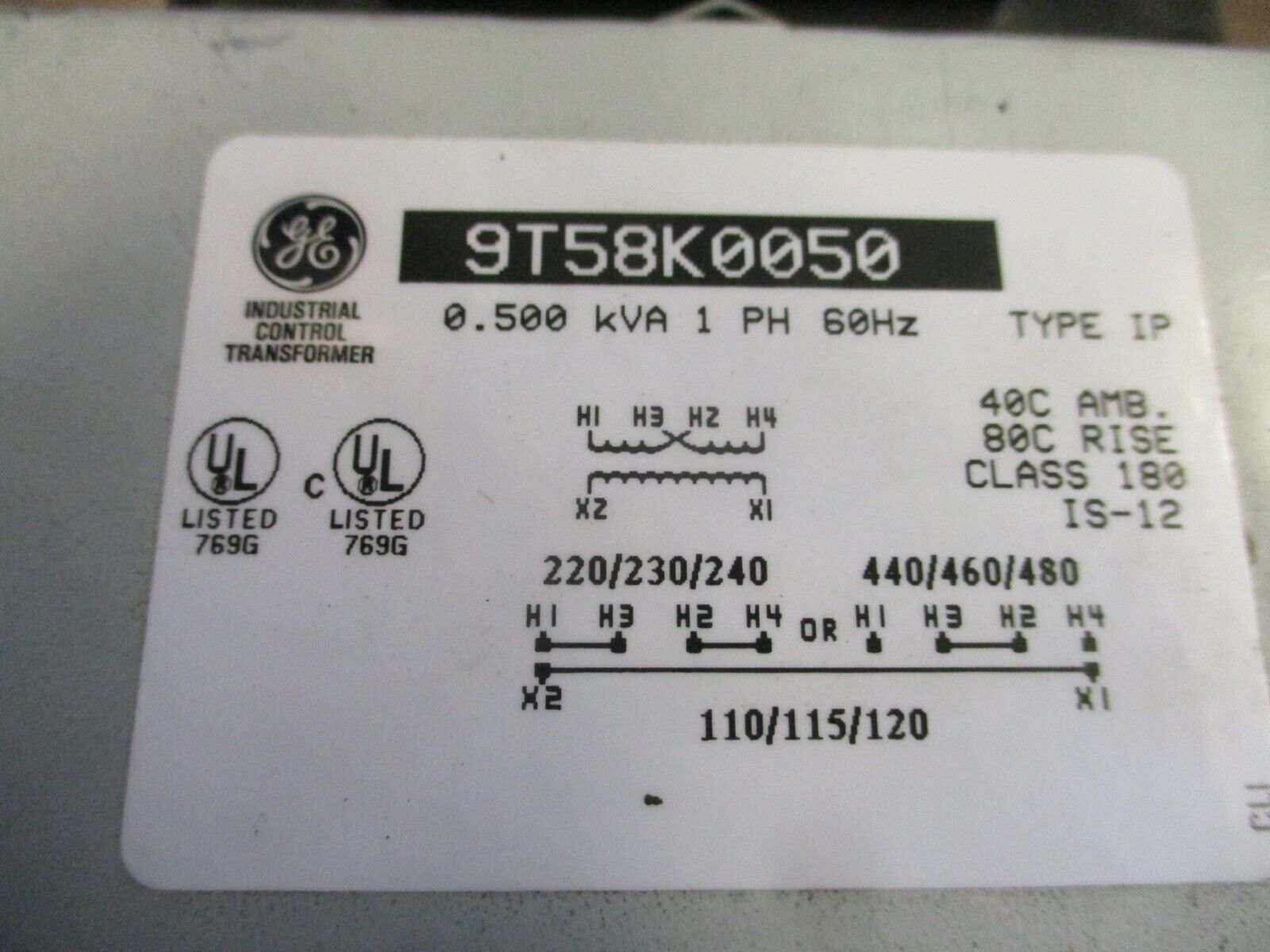 GE Control Transformer 9T58K0050 0.500kVA Pri: 240/480V Sec: 120V 1Ph 60Hz Used