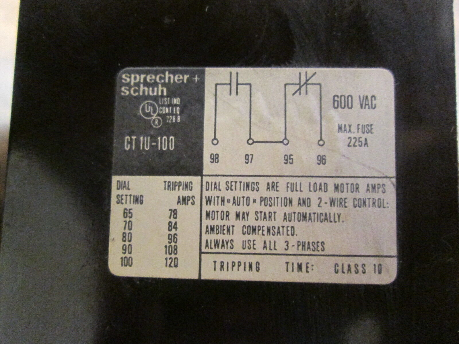 Sprecher+Schuh Solid State Overload CT1U-100 Range: 65-100A 600V Used