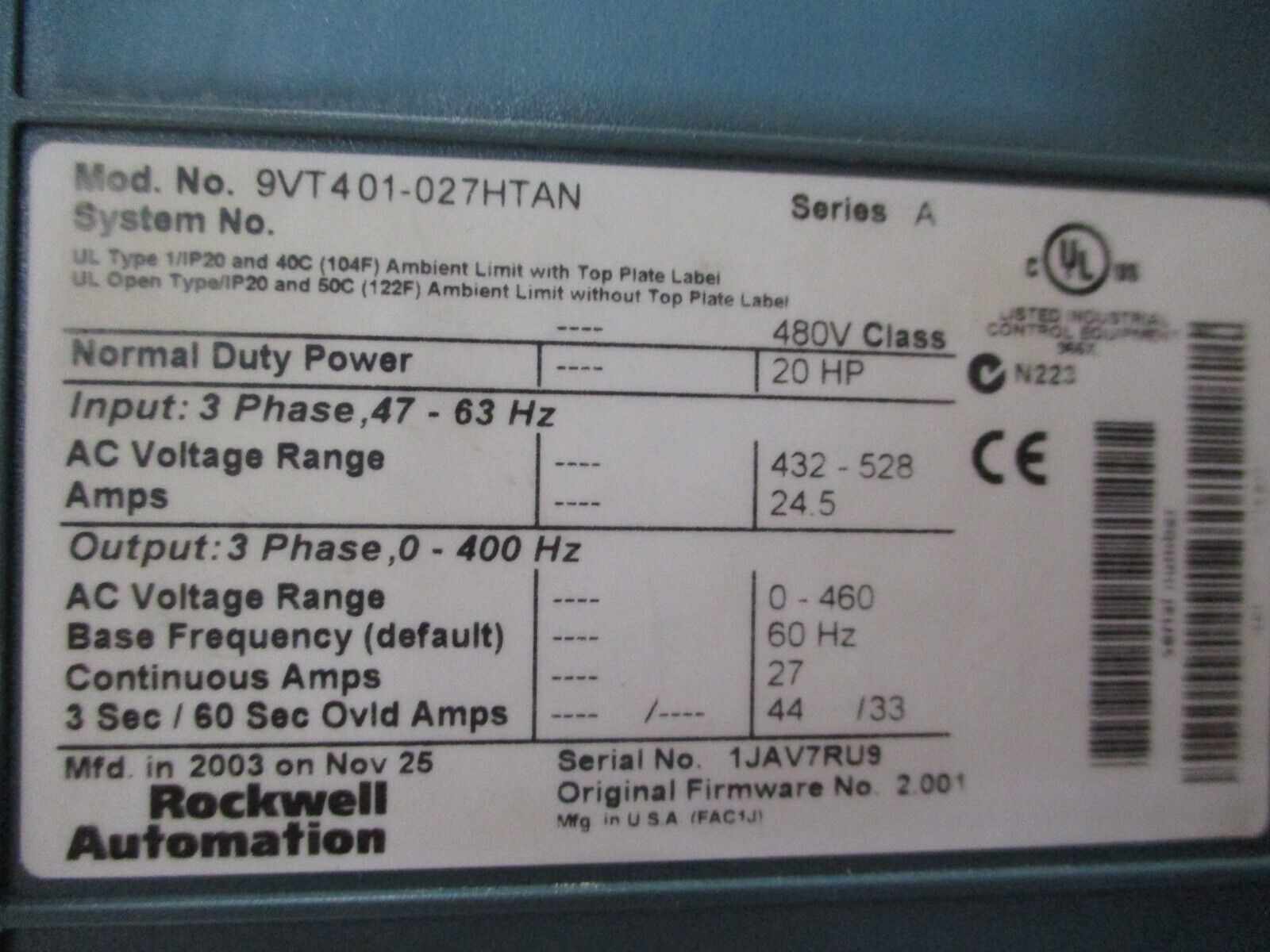 Rockwell Automation VTAC 9 AC Drive w/ Bypass 9VT401-027HTAN Ser. A 20HP 3Ph