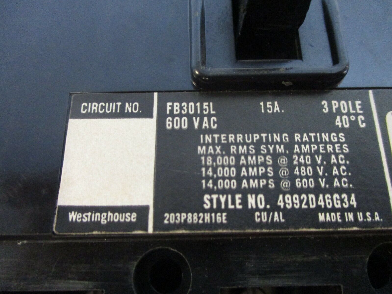 Westinghouse Circuit Breaker w/ Aux FB3015L 15A 600V 3P Used